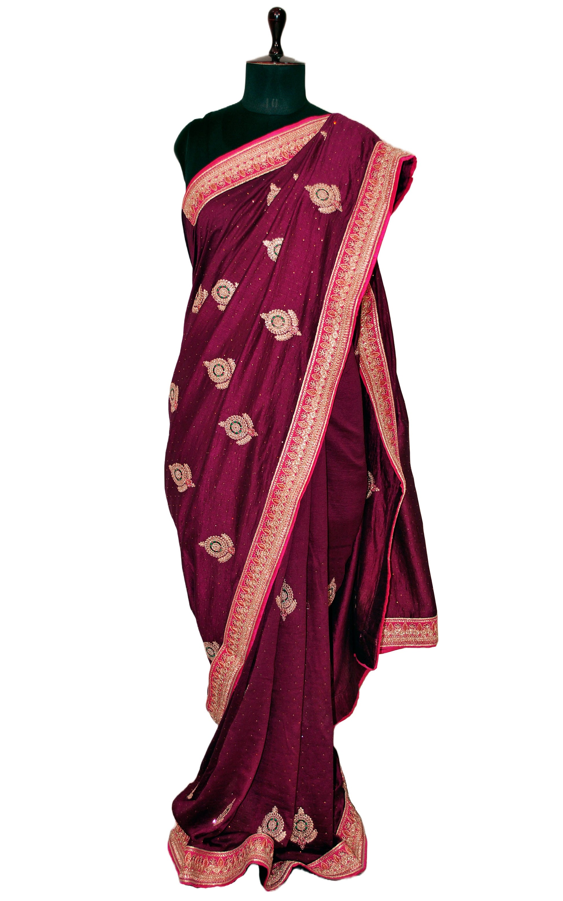 Designer Crushed Sana Silk Zardosi Saree in Pansy Purple, Green, Hot Pink and Golden