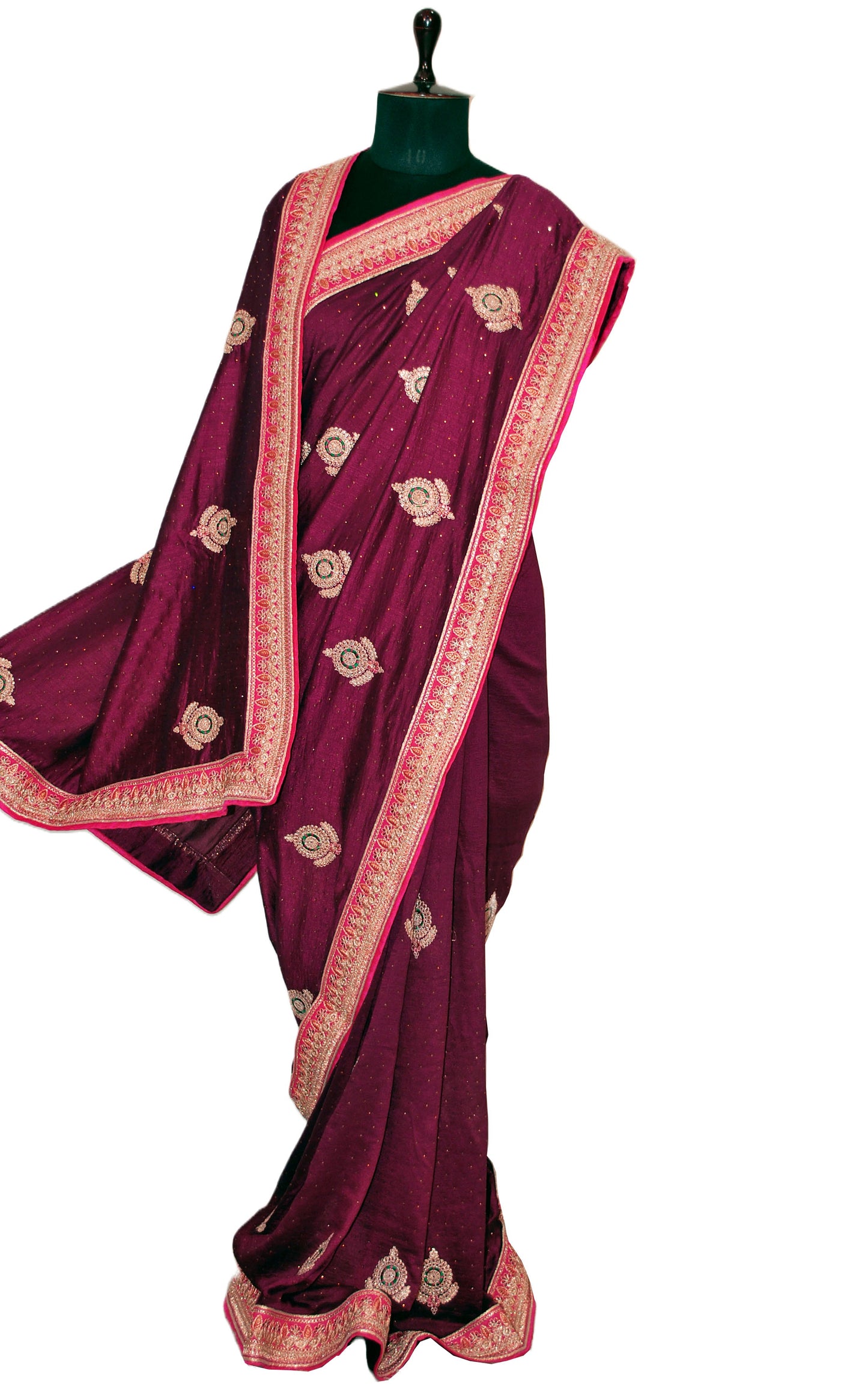 Designer Crushed Sana Silk Zardosi Saree in Pansy Purple, Green, Hot Pink and Golden