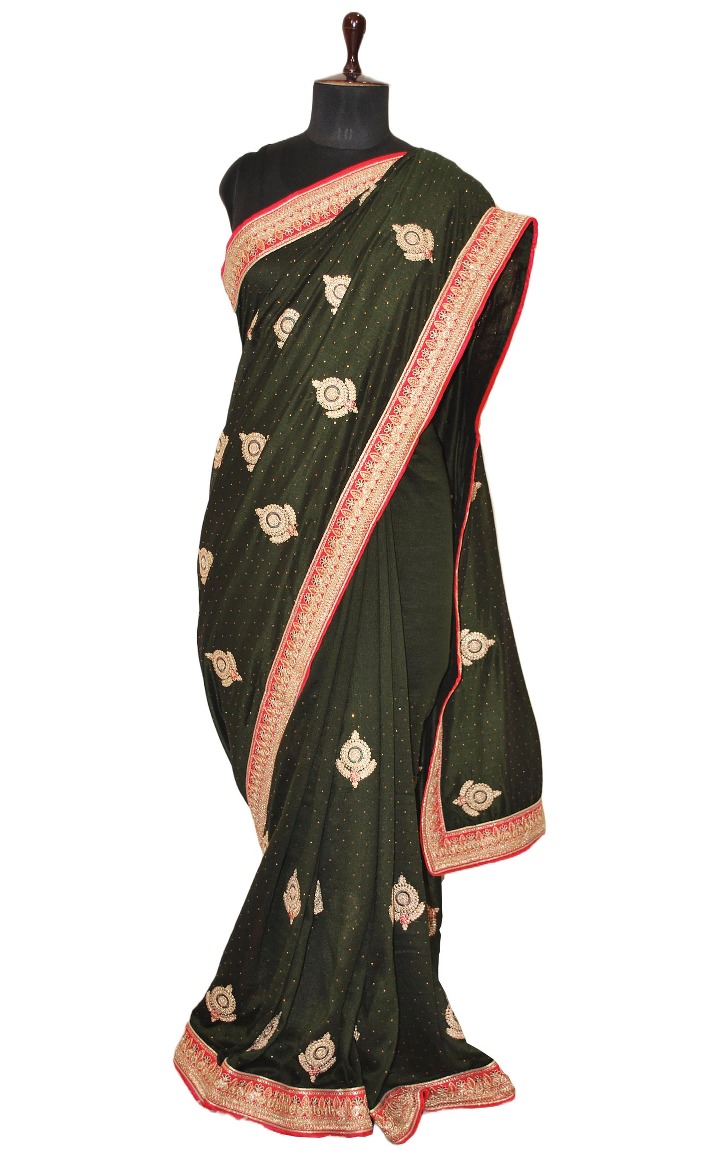 Designer Crushed Sana Silk Zardosi Saree in Rifle Green, Green, Hot Pink and Golden