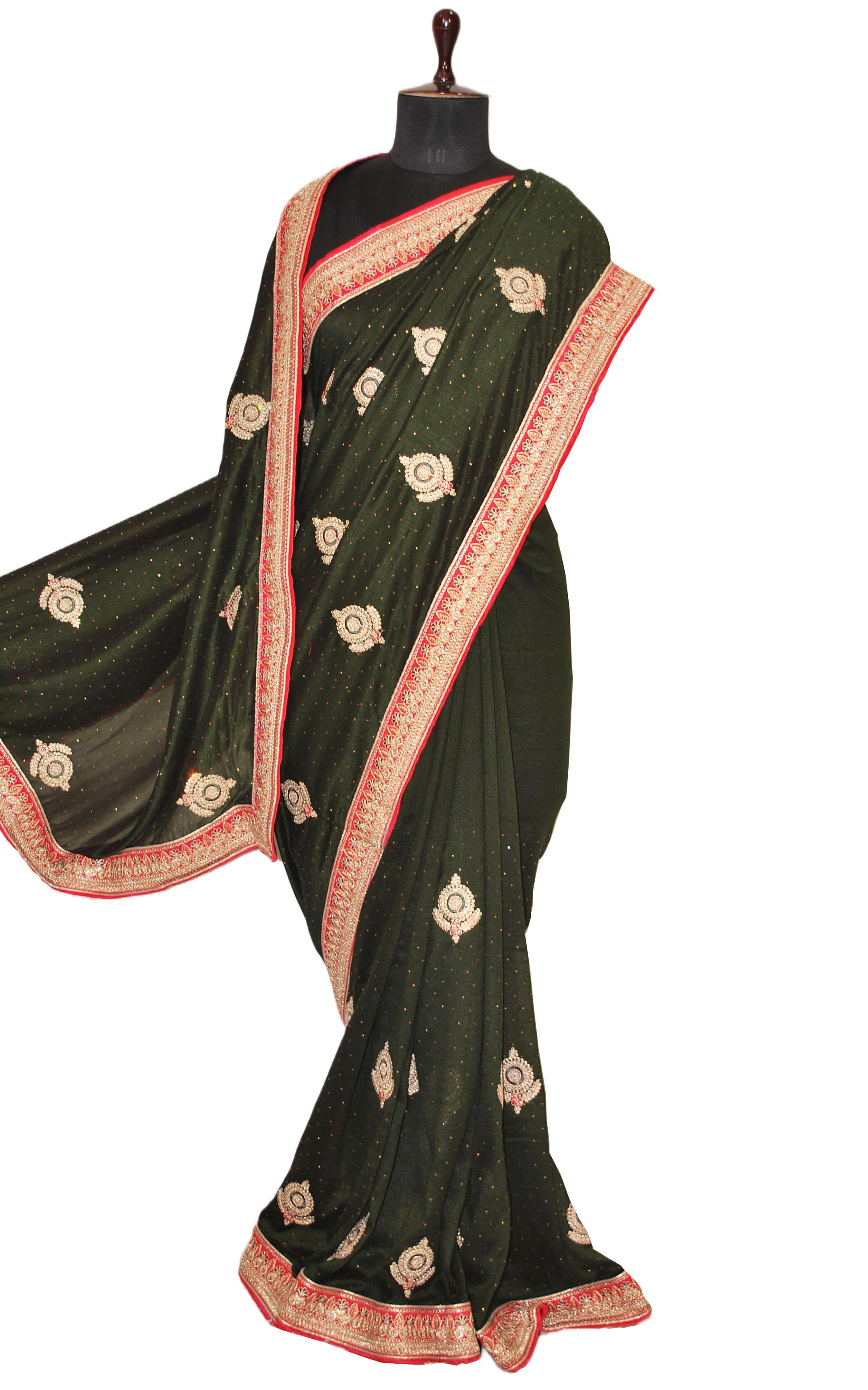 Designer Crushed Sana Silk Zardosi Saree in Rifle Green, Green, Hot Pink and Golden