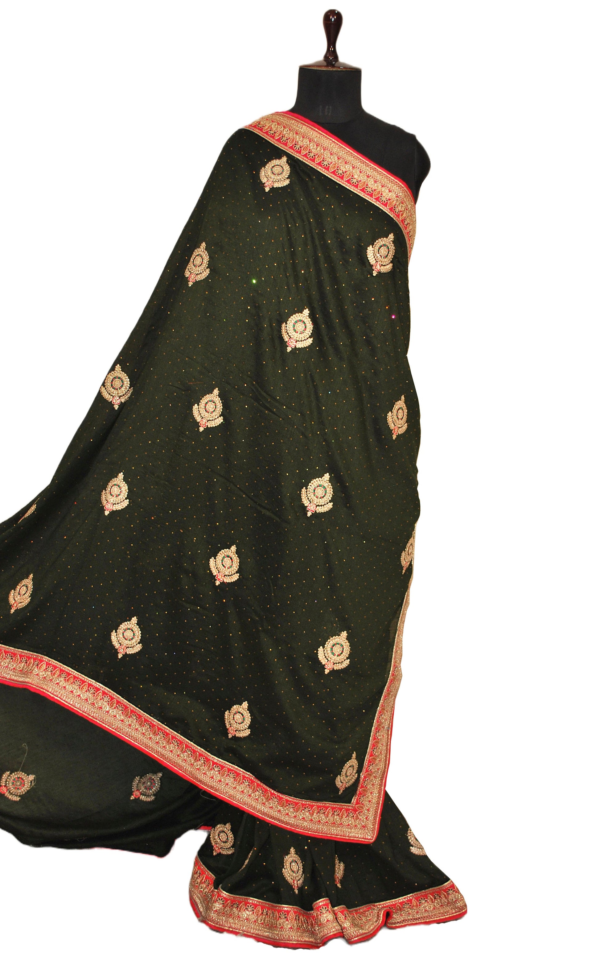 Designer Crushed Sana Silk Zardosi Saree in Rifle Green, Green, Hot Pink and Golden