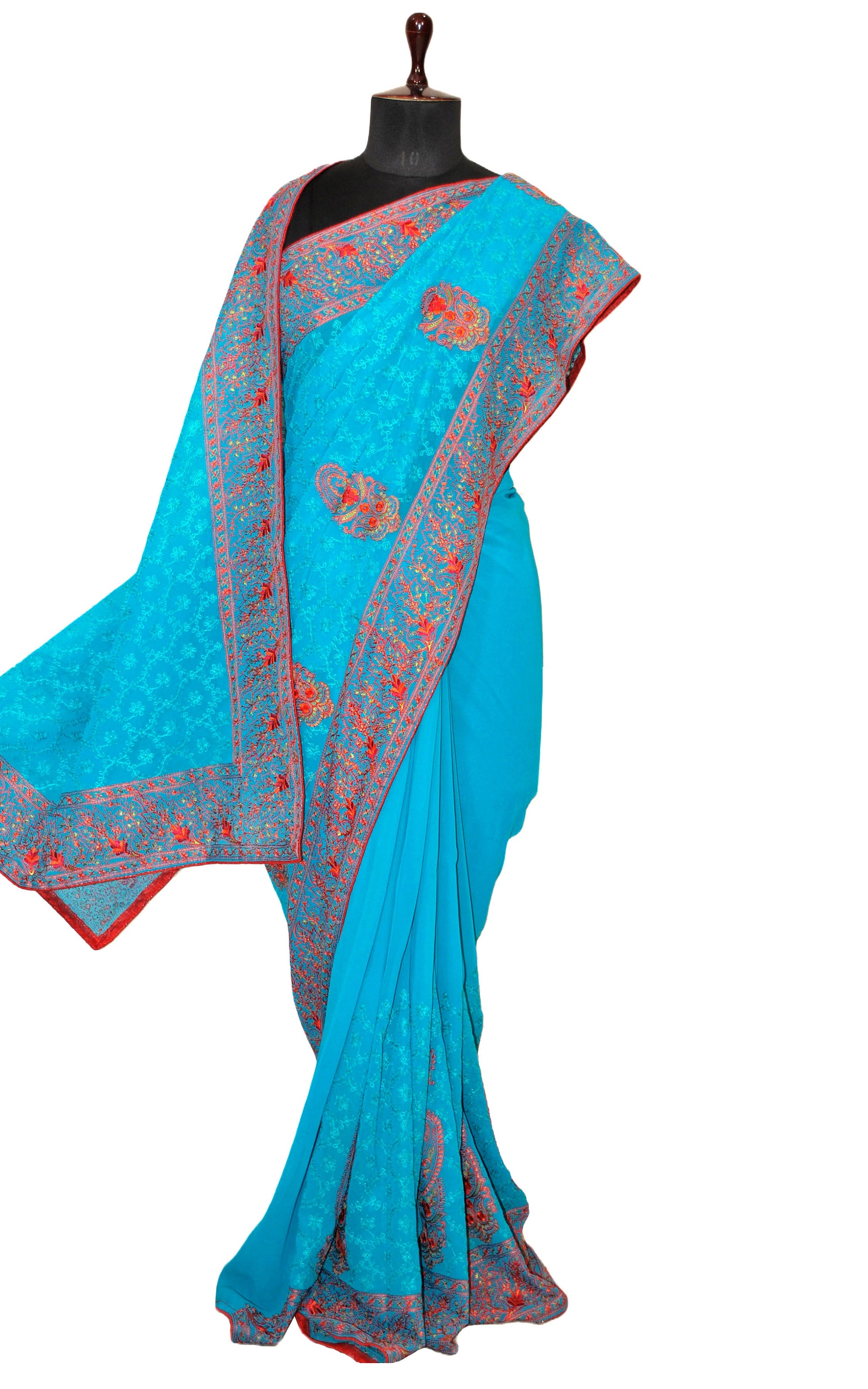 Kashmiri Embroidery Thread Work Georgette in Light Capri Blue, Red, Yellow and Natural Green