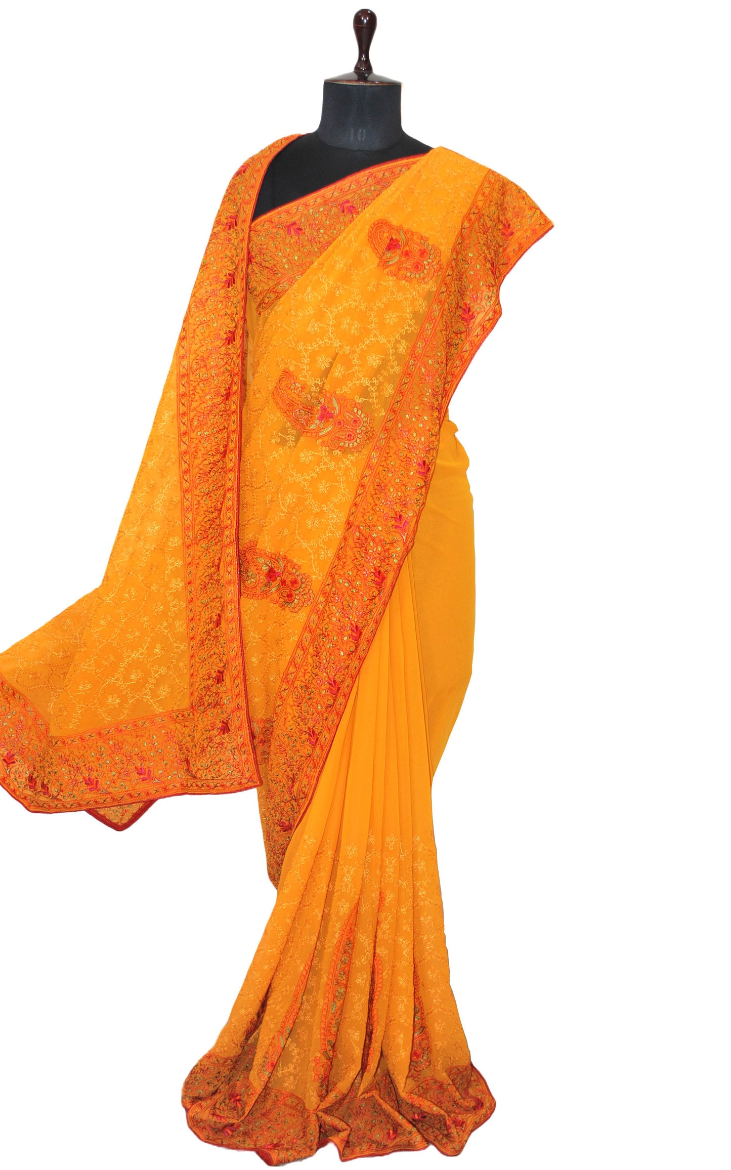 Kashmiri Embroidery Thread Work Georgette in Sunset Yellow, Red and Natural Green