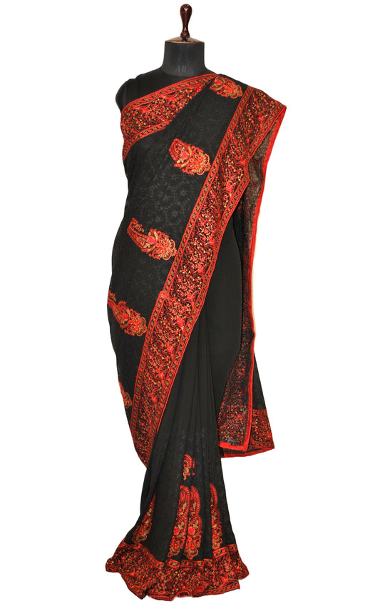 Kashmiri Embroidery Thread Work Georgette in Black, Red and Natural Green