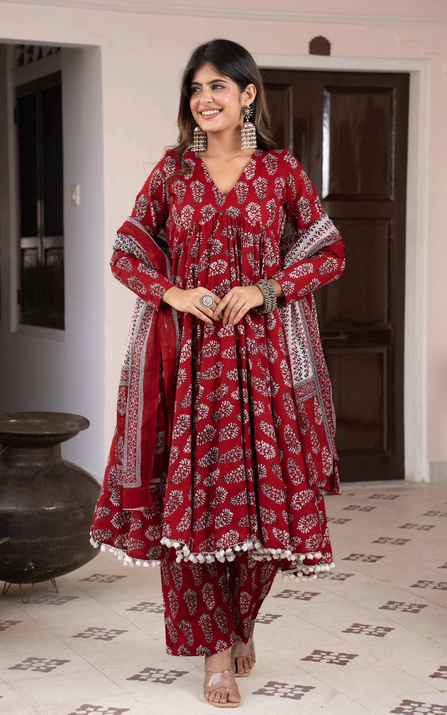 Siya Women Maroon Printed Viscose Rayon Kurta, Pant And Dupatta Set