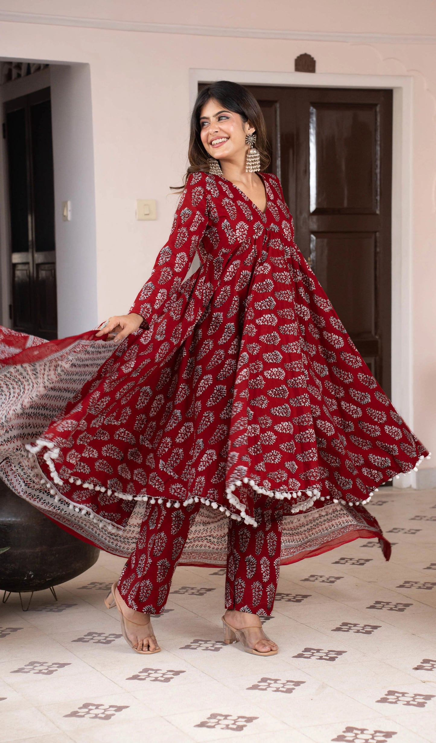 Siya Women Maroon Printed Viscose Rayon Kurta, Pant And Dupatta Set