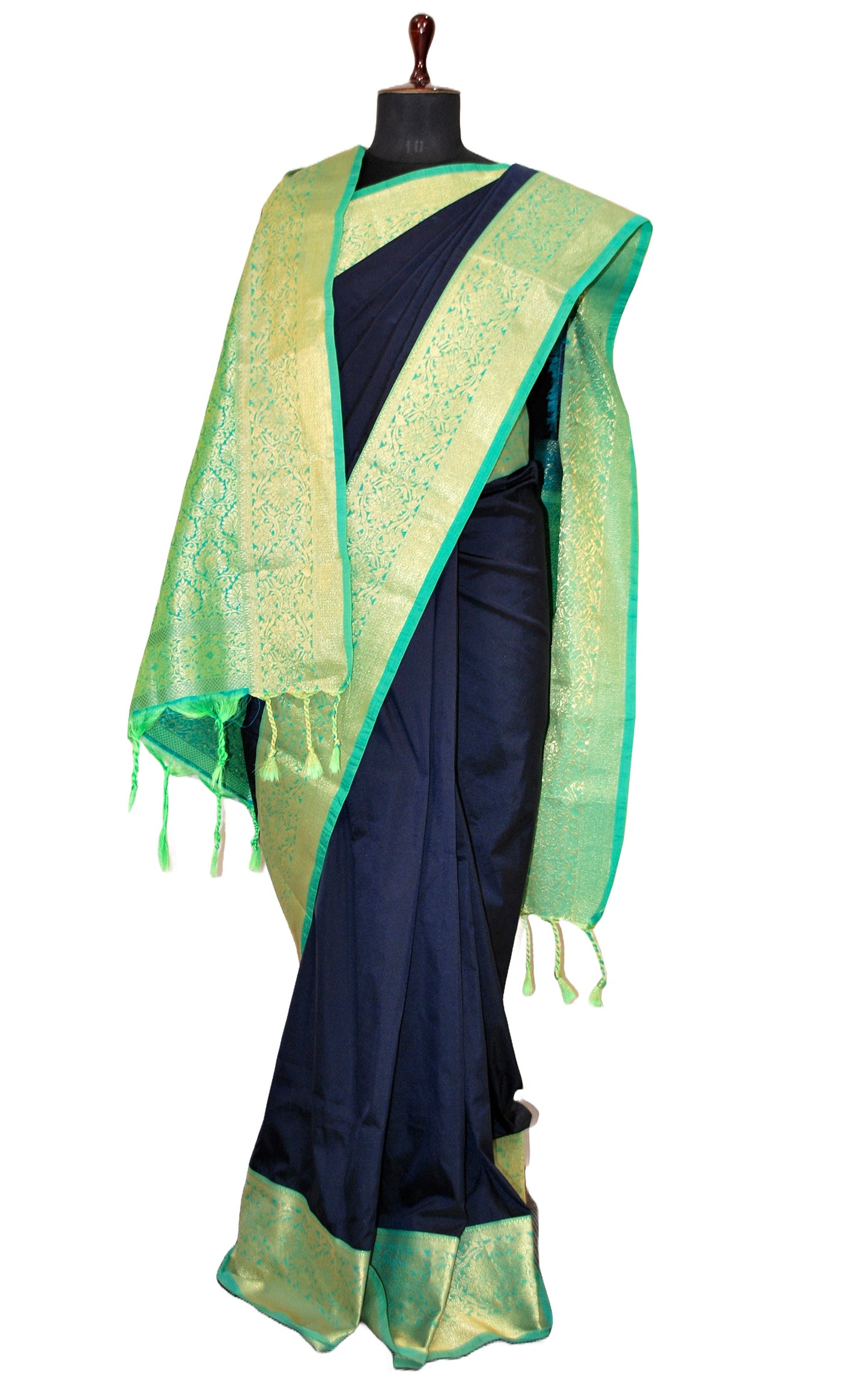 Fancy Cotton Silk Kanchipuram Saree in Midnight Blue, Seafoam Green and Golden