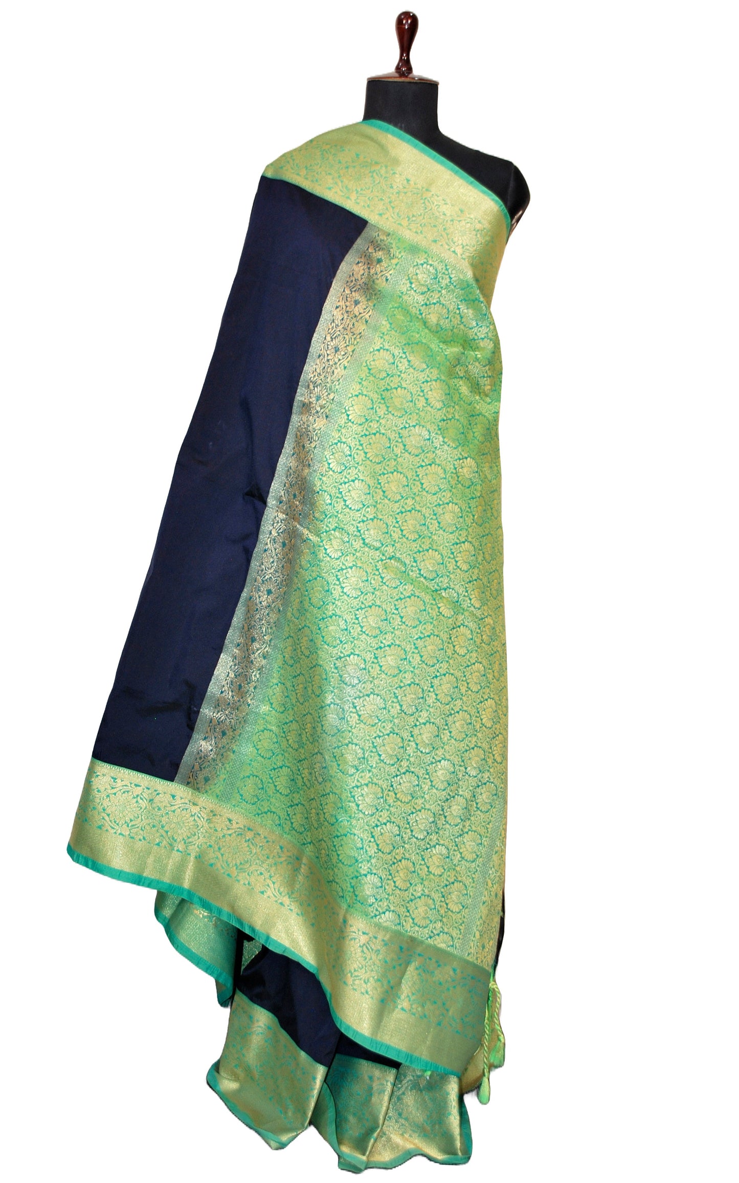 Fancy Cotton Silk Kanchipuram Saree in Midnight Blue, Seafoam Green and Golden