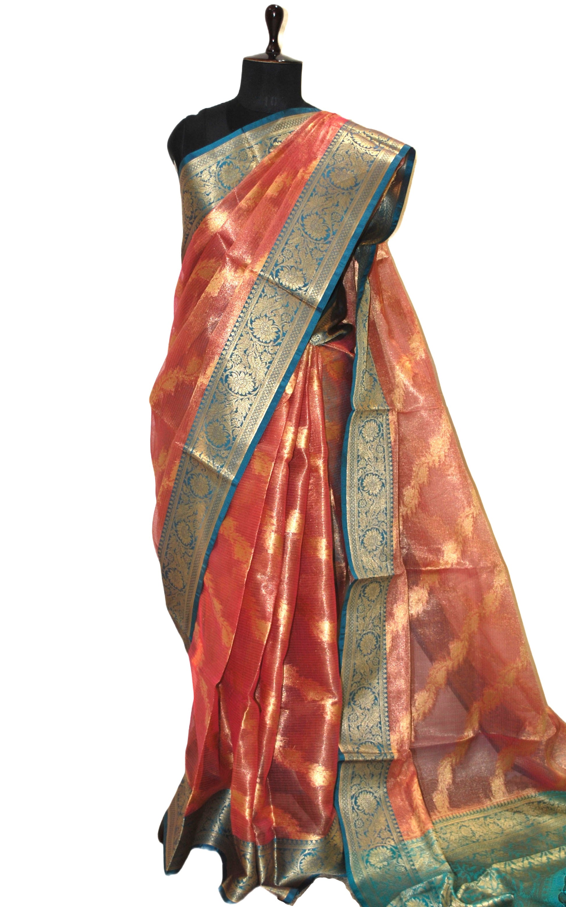 Tissue Banarasi Silk Saree in Dark Peach, Teal Green and Matte Gold