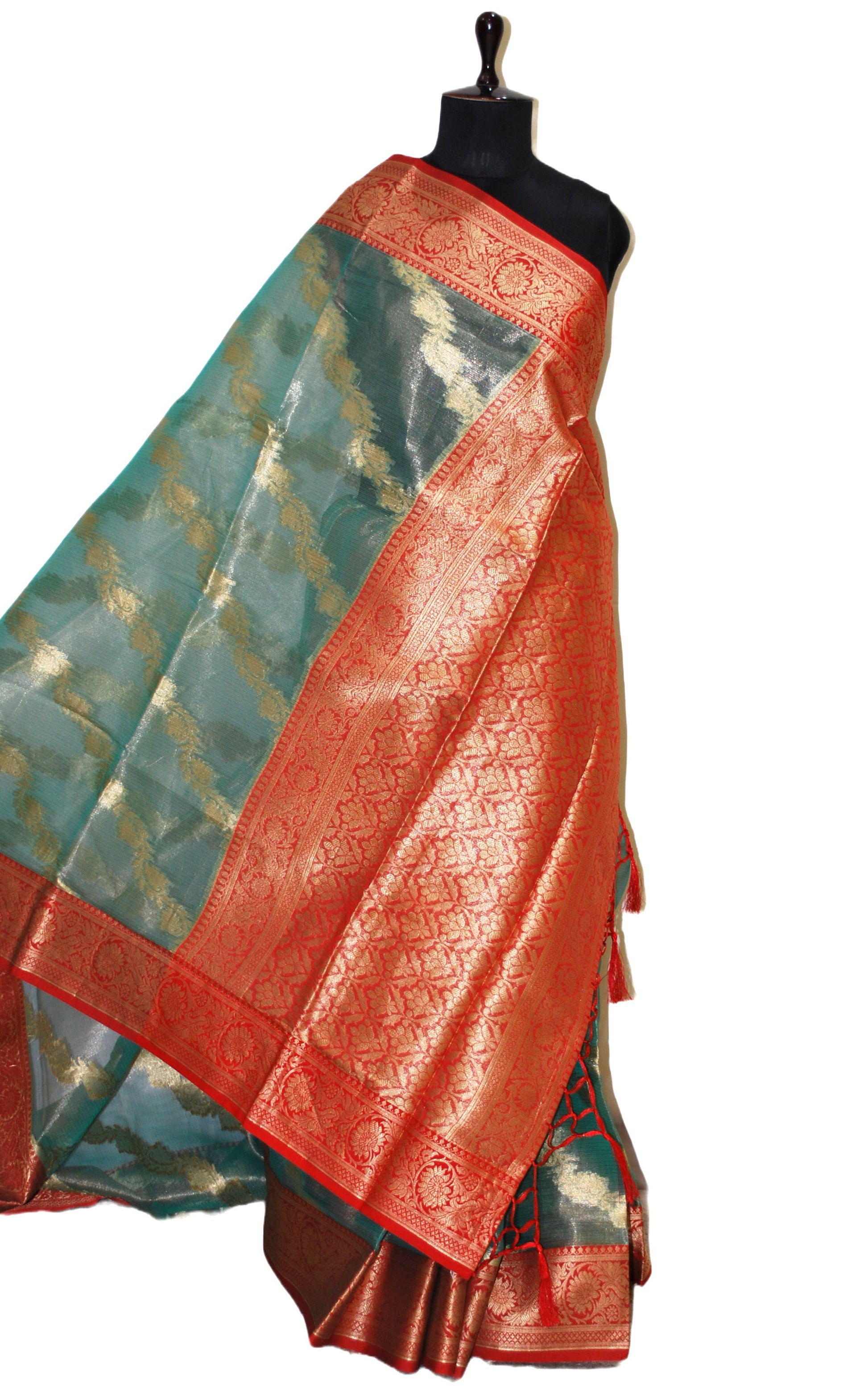 Tissue Banarasi Silk Saree in Pastel Green, Red and Matte Gold