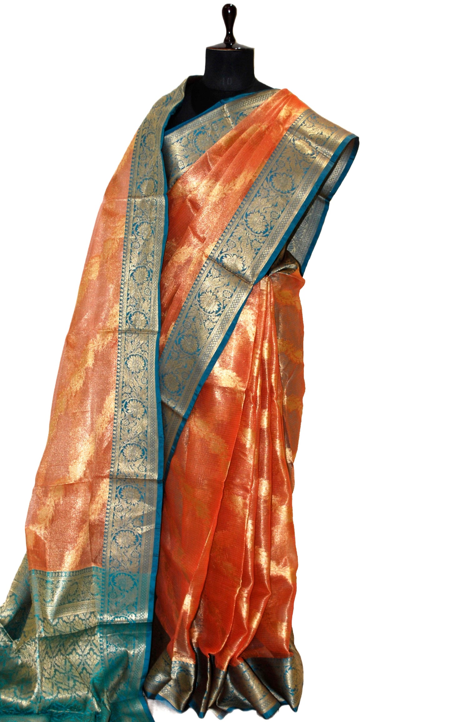 Tissue Banarasi Silk Saree in Salmon Orange, Teal and Matte Gold