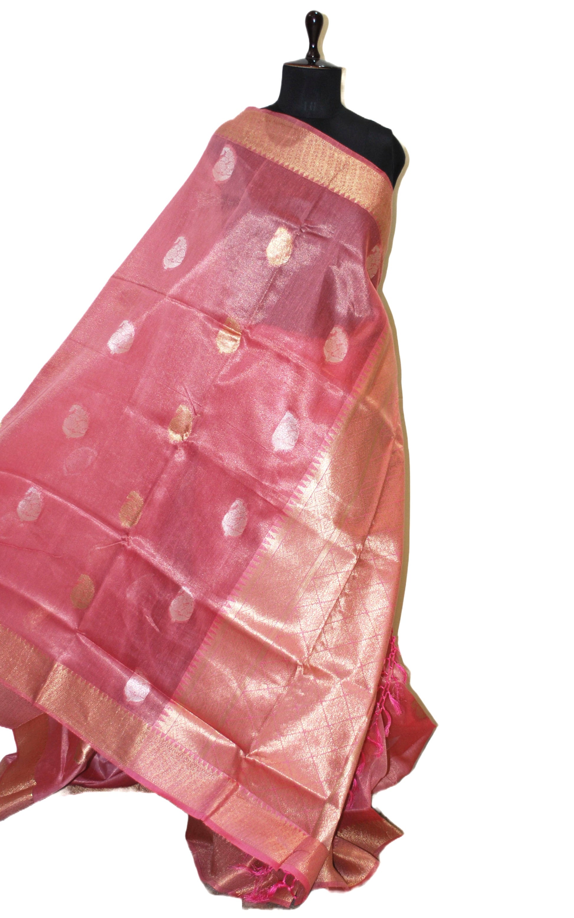 Designer Tissue Banarasi Silk Saree in Pastel Pink, Gold and Silver Zari Work