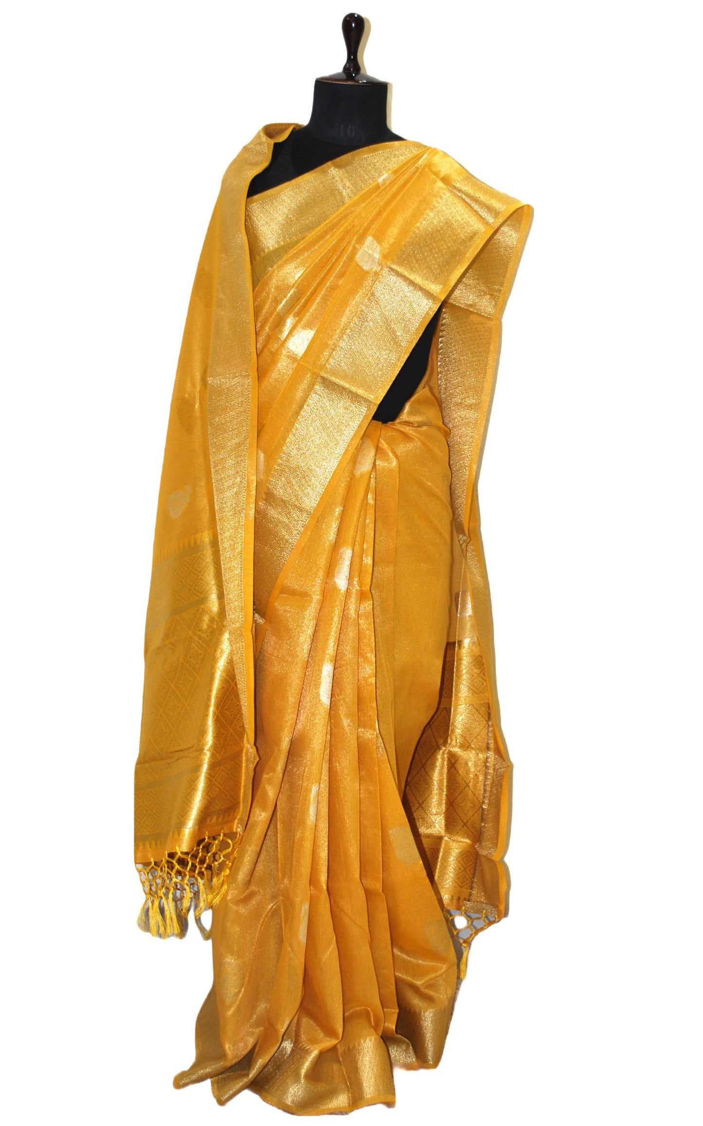 Designer Tissue Banarasi Silk Saree in Bright Yellow, Gold and Silver Zari Work