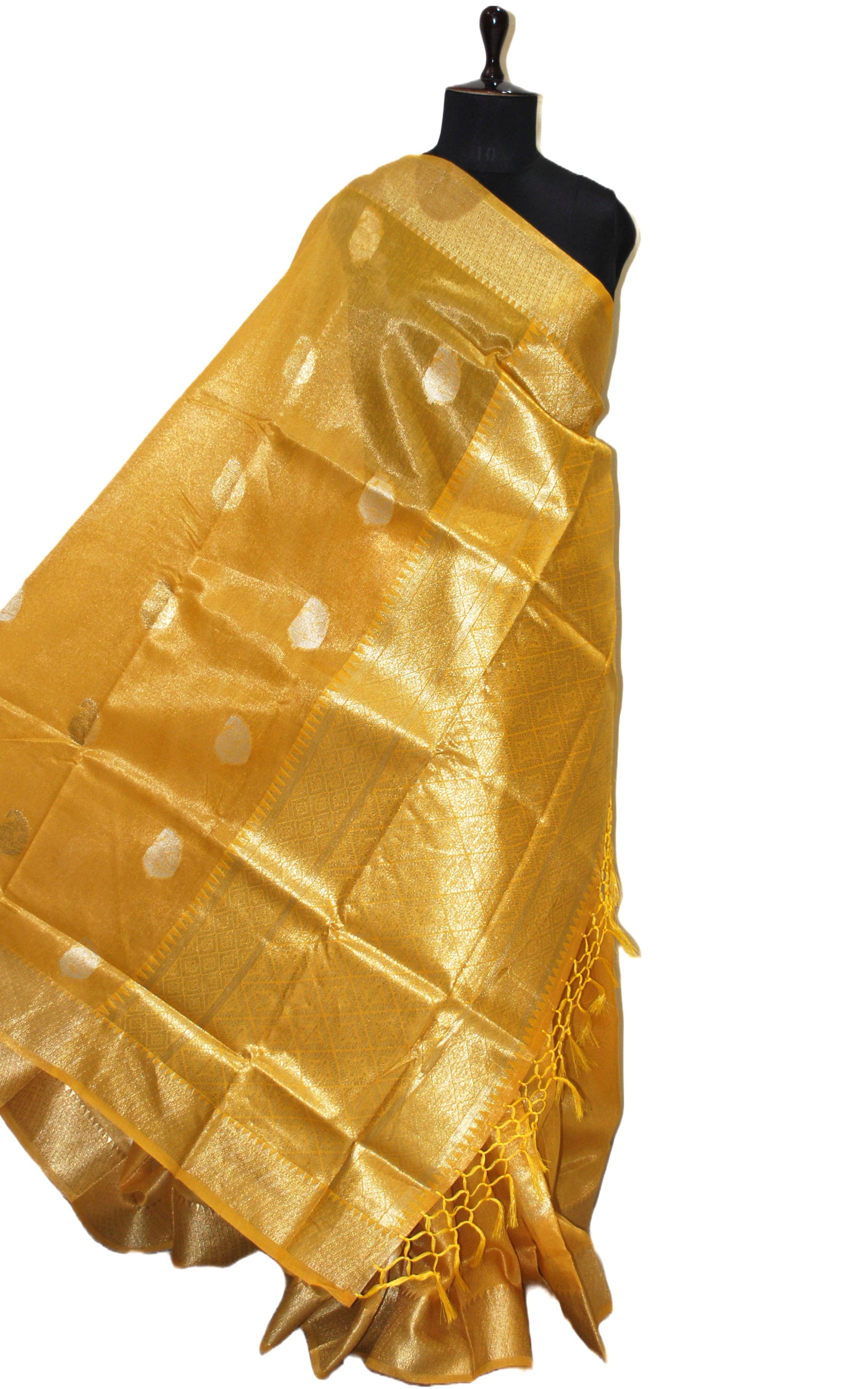 Designer Tissue Banarasi Silk Saree in Bright Yellow, Gold and Silver Zari Work