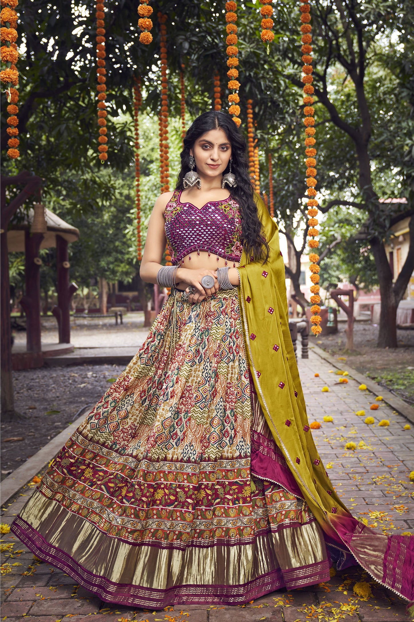 Multi Color Satin Silk Mirror Work Sangeet lehenga