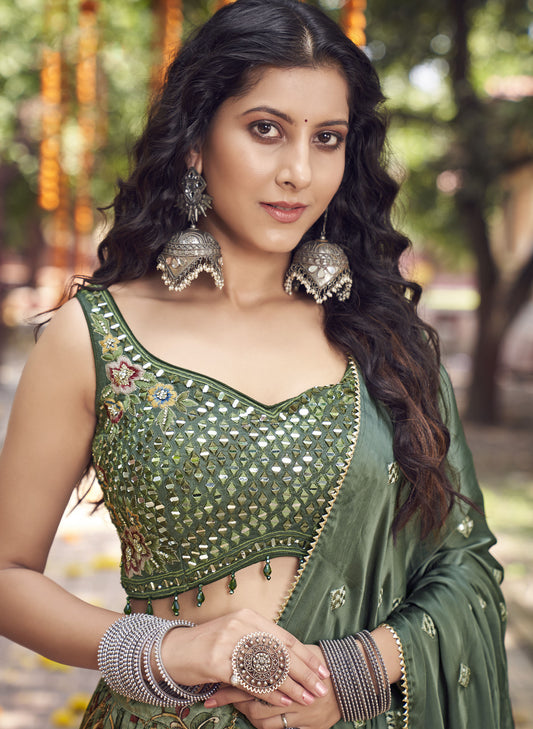 Classic Green Satin Silk Mirror Work Bridesmaid lehenga