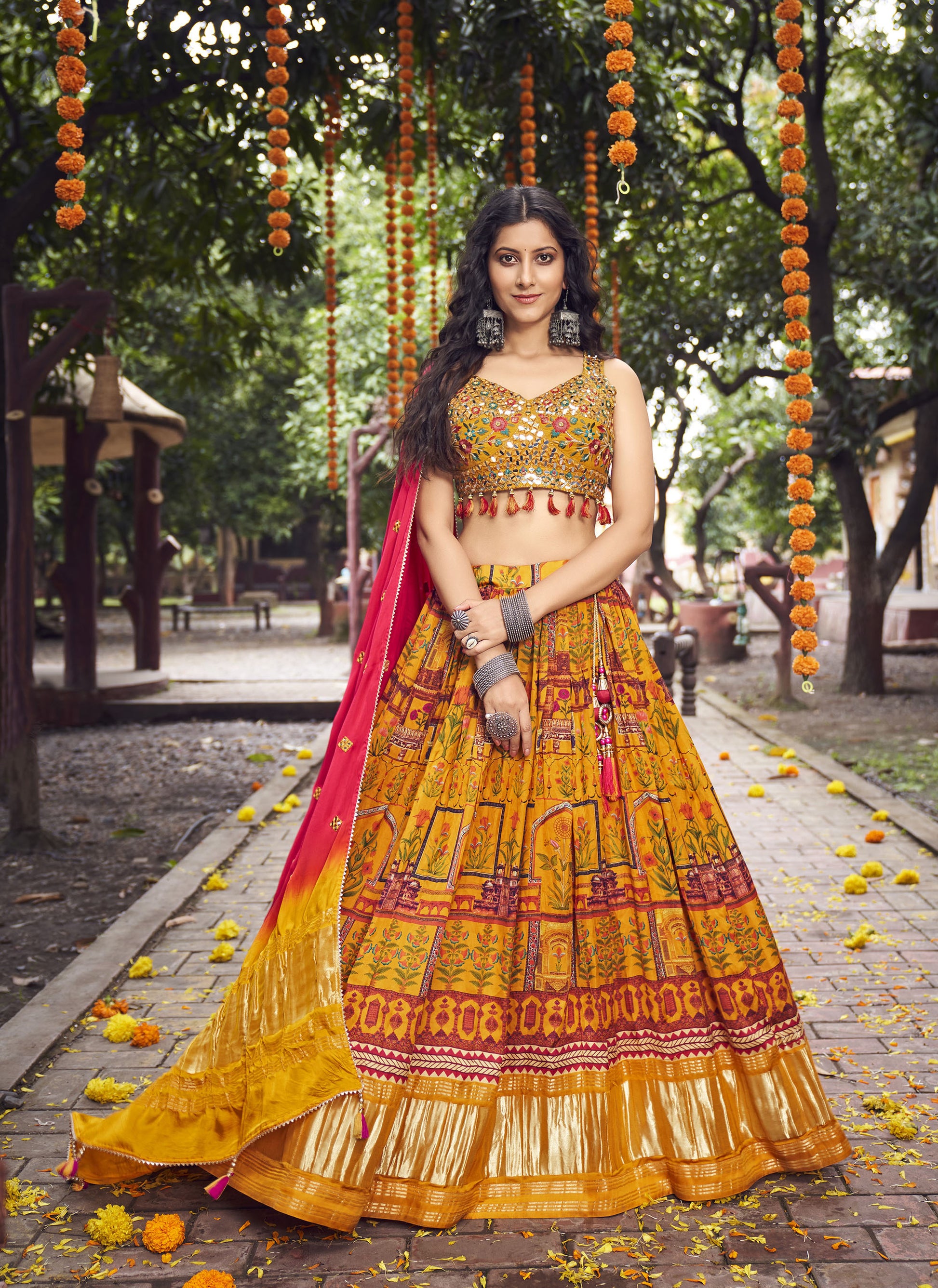 Dark Yellow Satin Silk Mirror Work Haldi lehenga