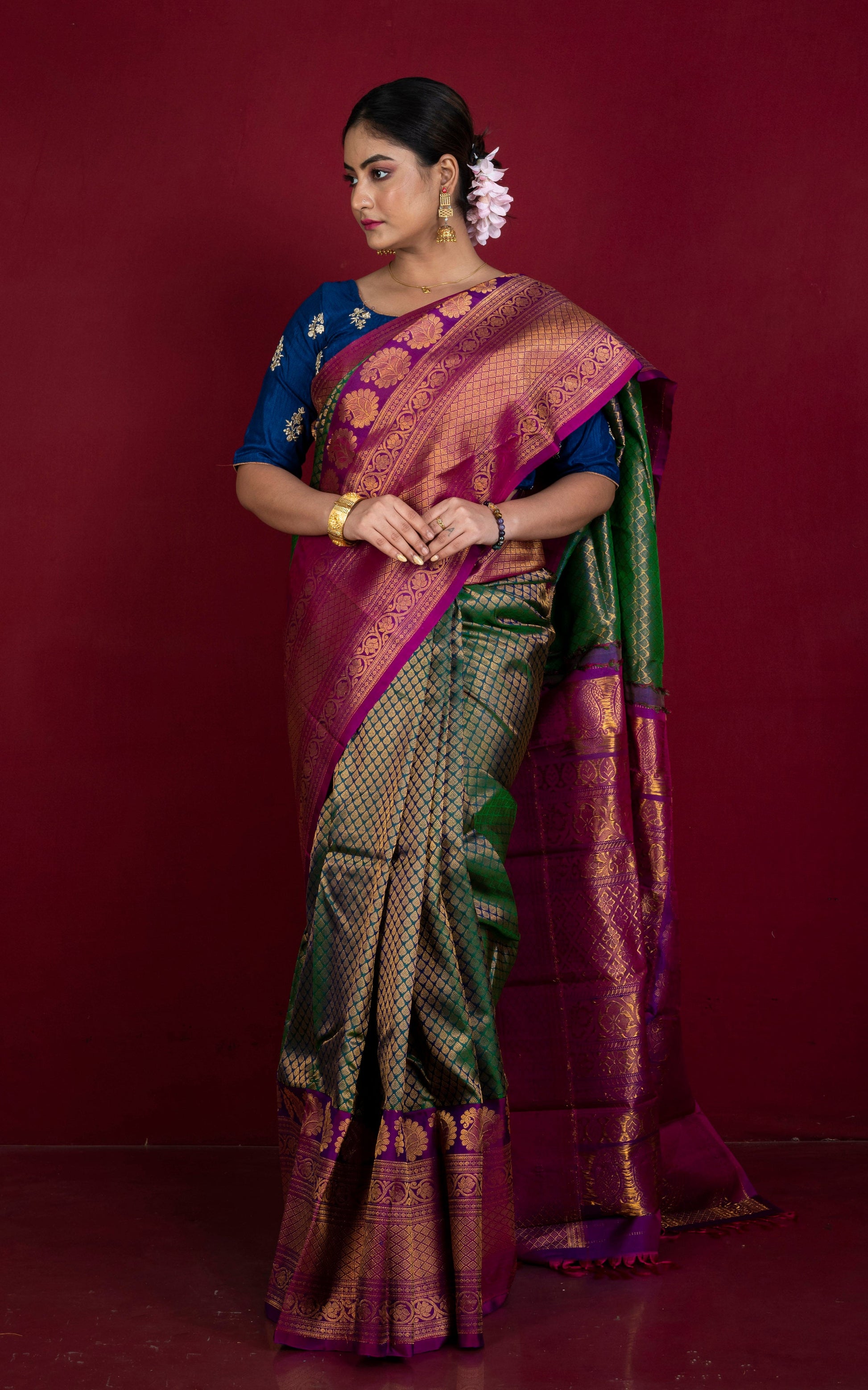 Exclusive Mahapar Tanchui Brocade Gadwal Silk Saree in Dark Green, Purple and Golden Zari Work