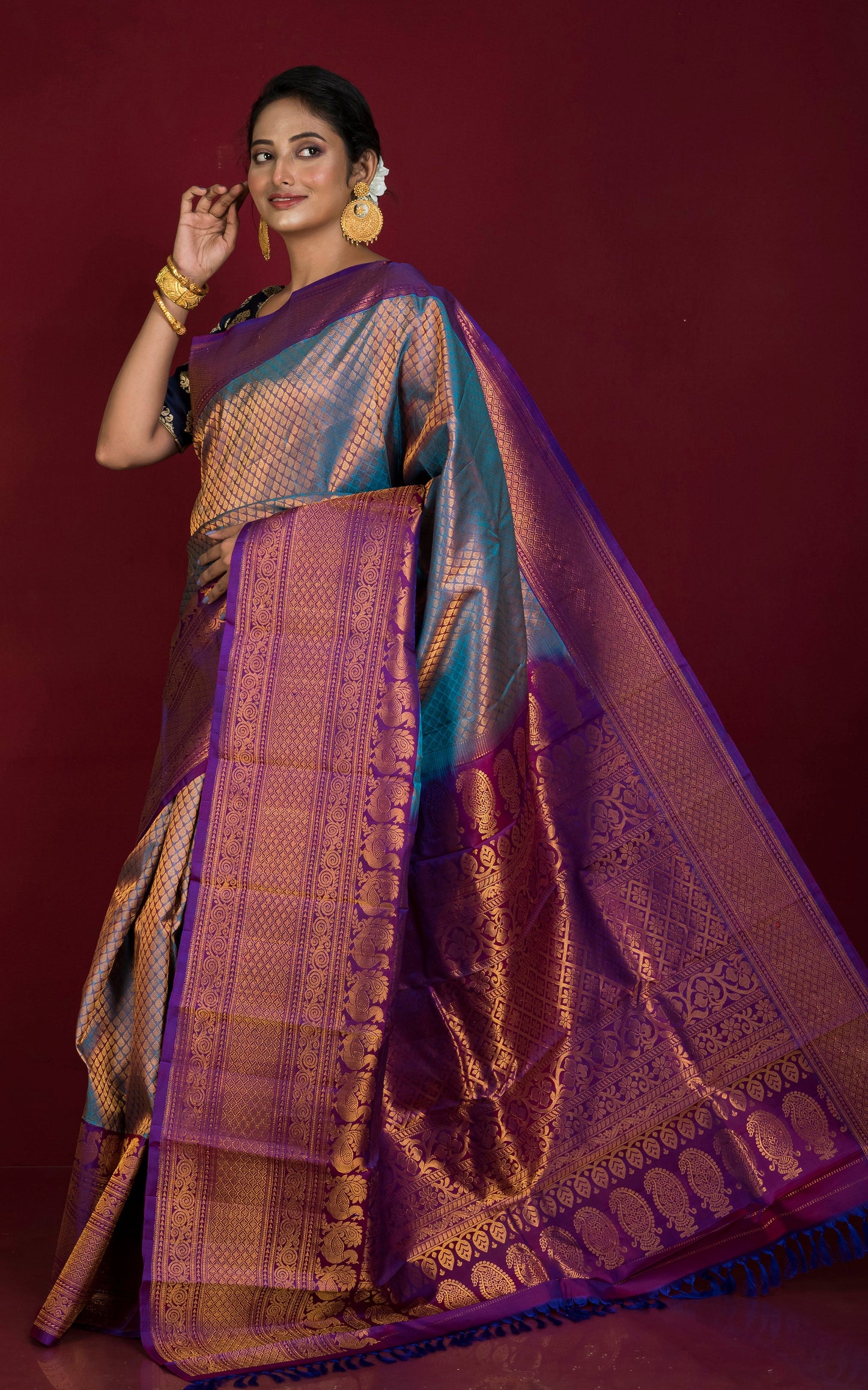 Exclusive Mahapar Tanchui Brocade Gadwal Silk Saree in Sapphire Blue, Purple and Golden Zari Work