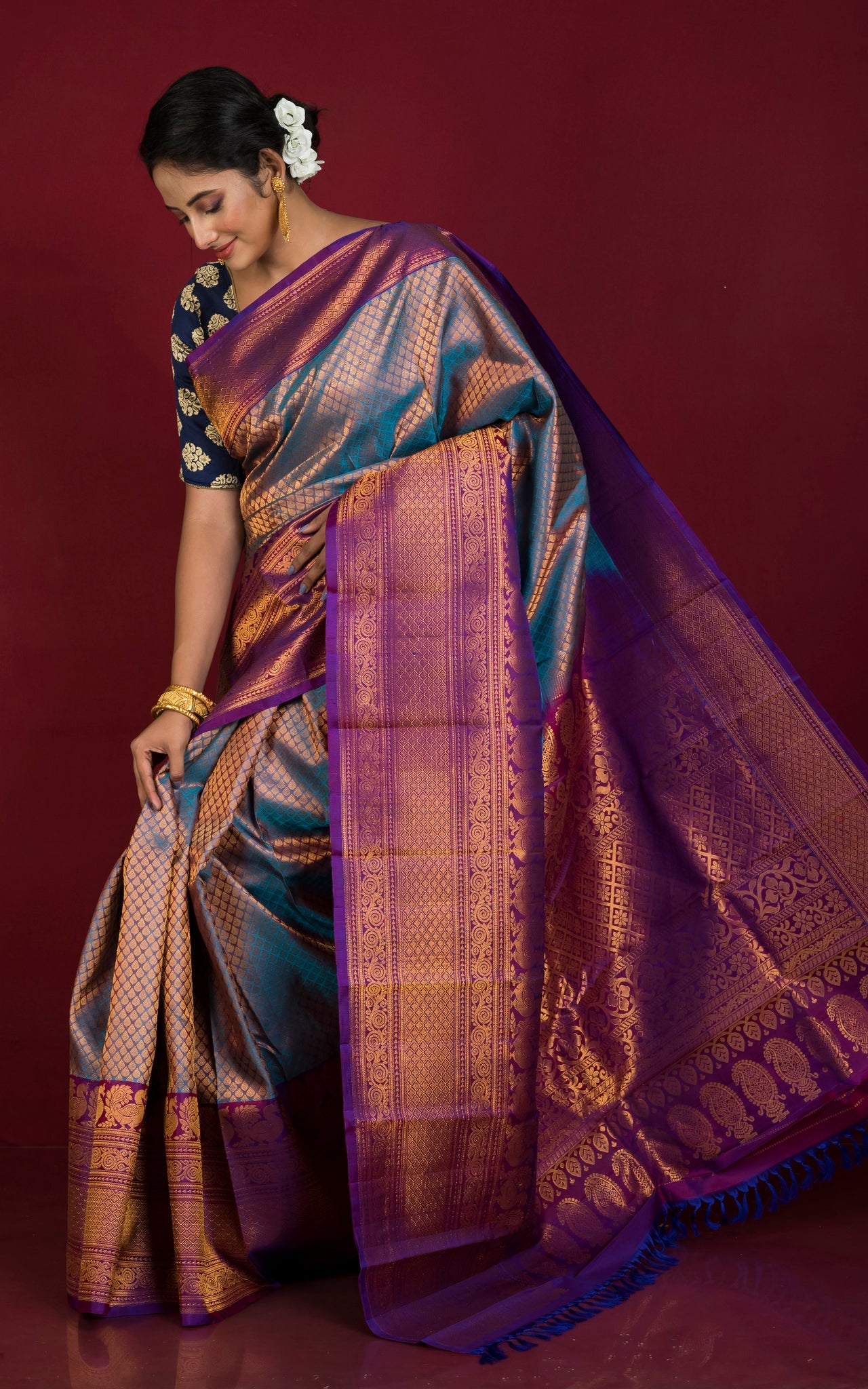 Exclusive Mahapar Tanchui Brocade Gadwal Silk Saree in Sapphire Blue, Purple and Golden Zari Work