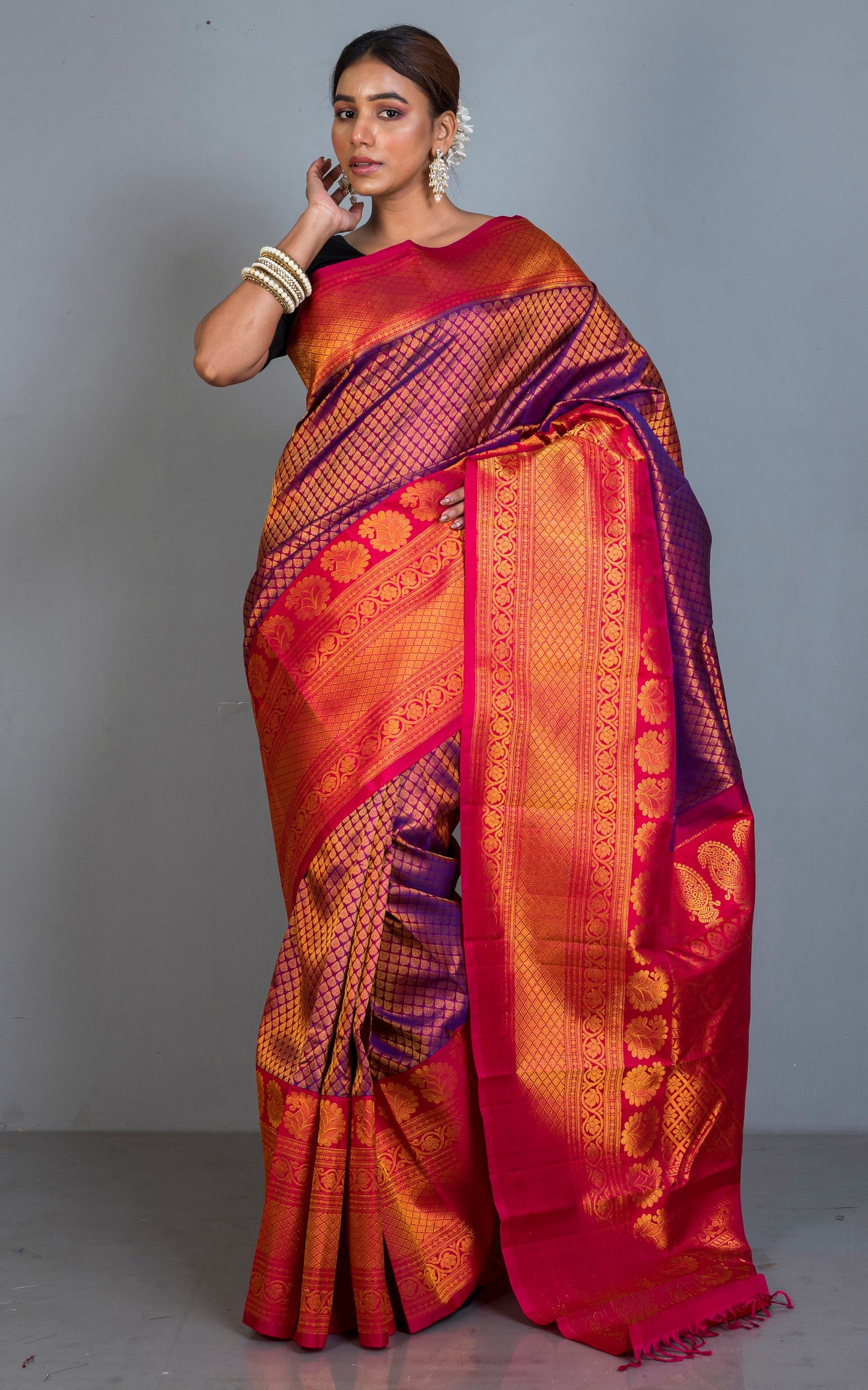 Exclusive Mahapar Tanchui Brocade Gadwal Silk Saree in Purple, Dark Red and Golden Zari Work