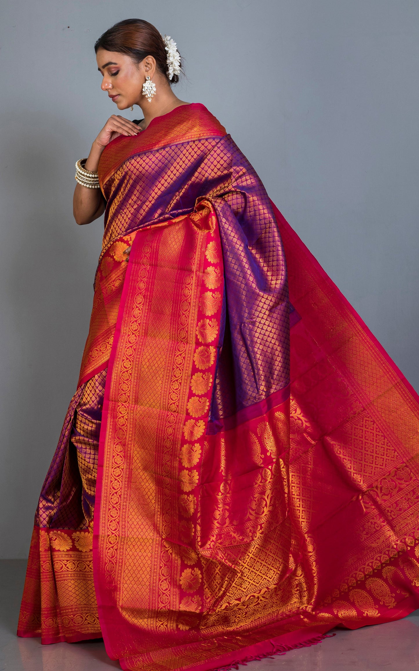 Exclusive Mahapar Tanchui Brocade Gadwal Silk Saree in Purple, Dark Red and Golden Zari Work