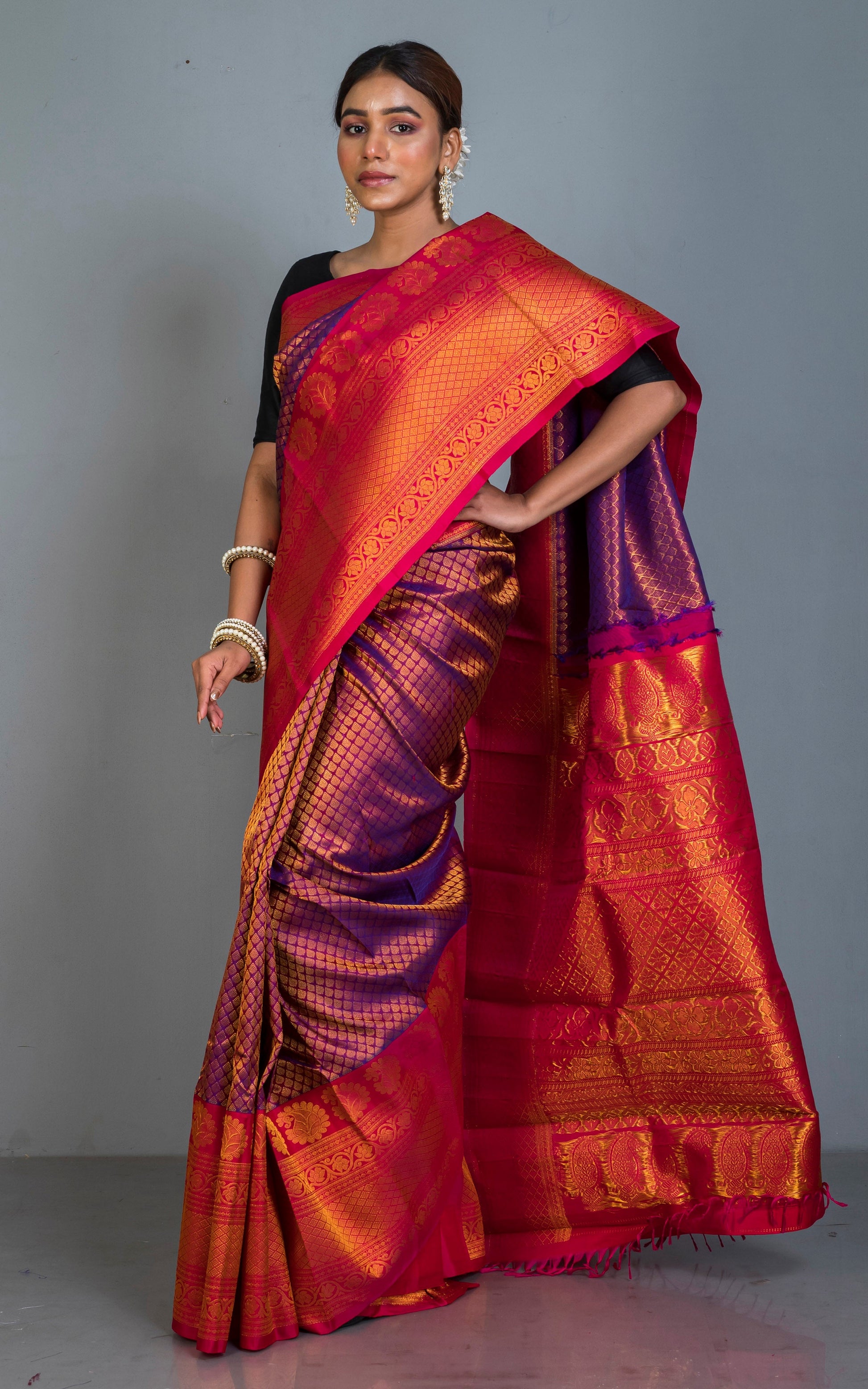 Exclusive Mahapar Tanchui Brocade Gadwal Silk Saree in Purple, Dark Red and Golden Zari Work