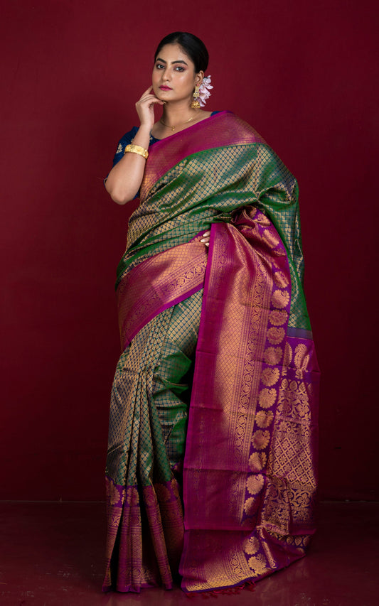 Exclusive Mahapar Tanchui Brocade Gadwal Silk Saree in Dark Green, Purple and Golden Zari Work