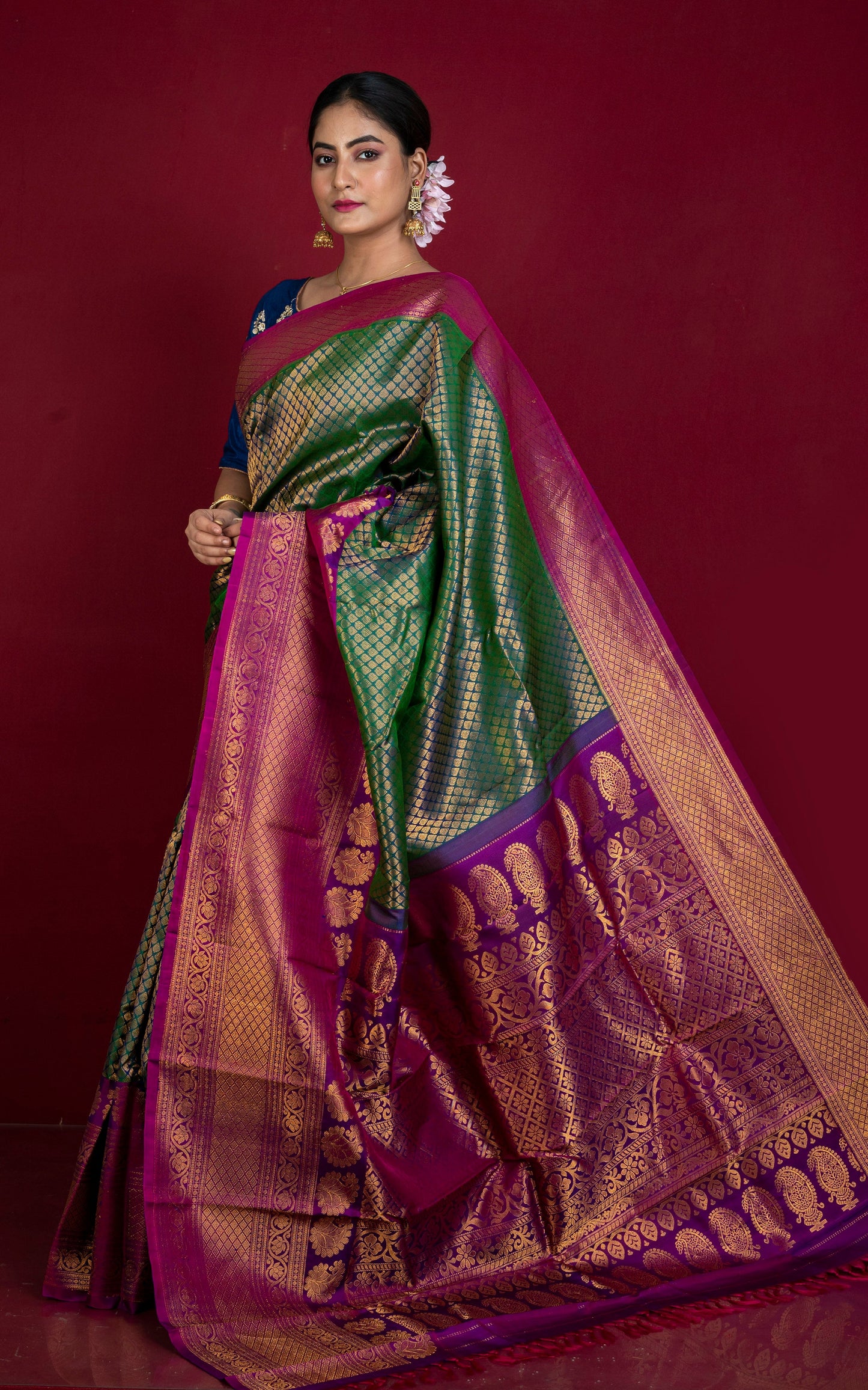 Exclusive Mahapar Tanchui Brocade Gadwal Silk Saree in Dark Green, Purple and Golden Zari Work