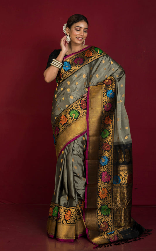 Handwoven Floral  Minakari Nakshi Work Border Gadwal Silk Saree in Metallic Gray, Antique Golden and Multicolored Weave