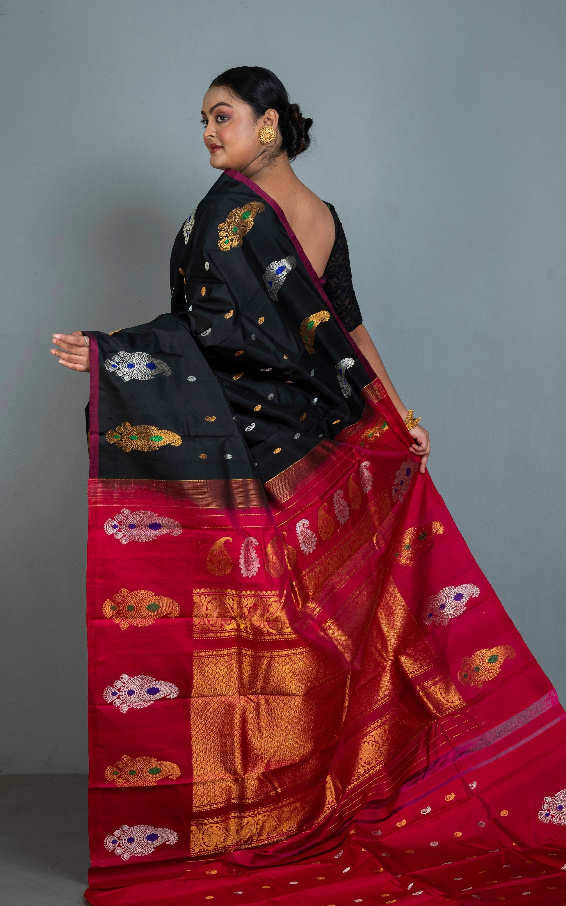 Exclusive Handwoven Paisley Motif Minakari Work Gadwal Silk Saree in Black, Red, Golden, Silver and Multicolored