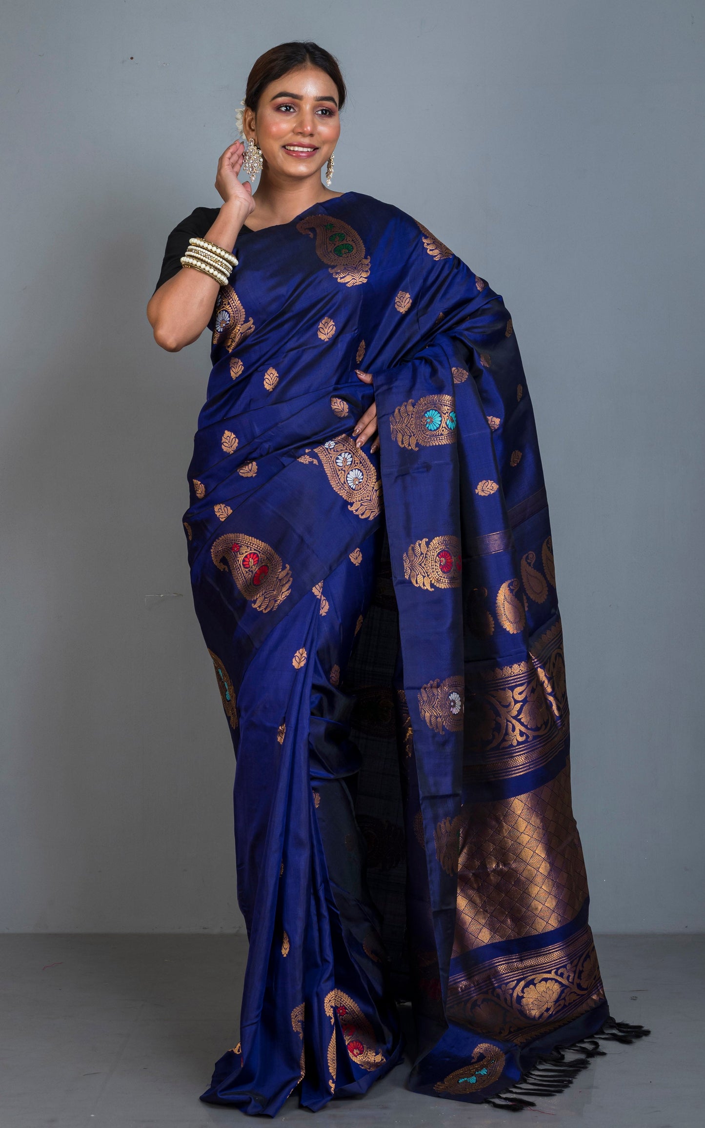 Exclusive Handwoven Paisley Motif Minakari Work Gadwal Silk Saree in Dark Royal Blue, Antique Golden and Multicolored