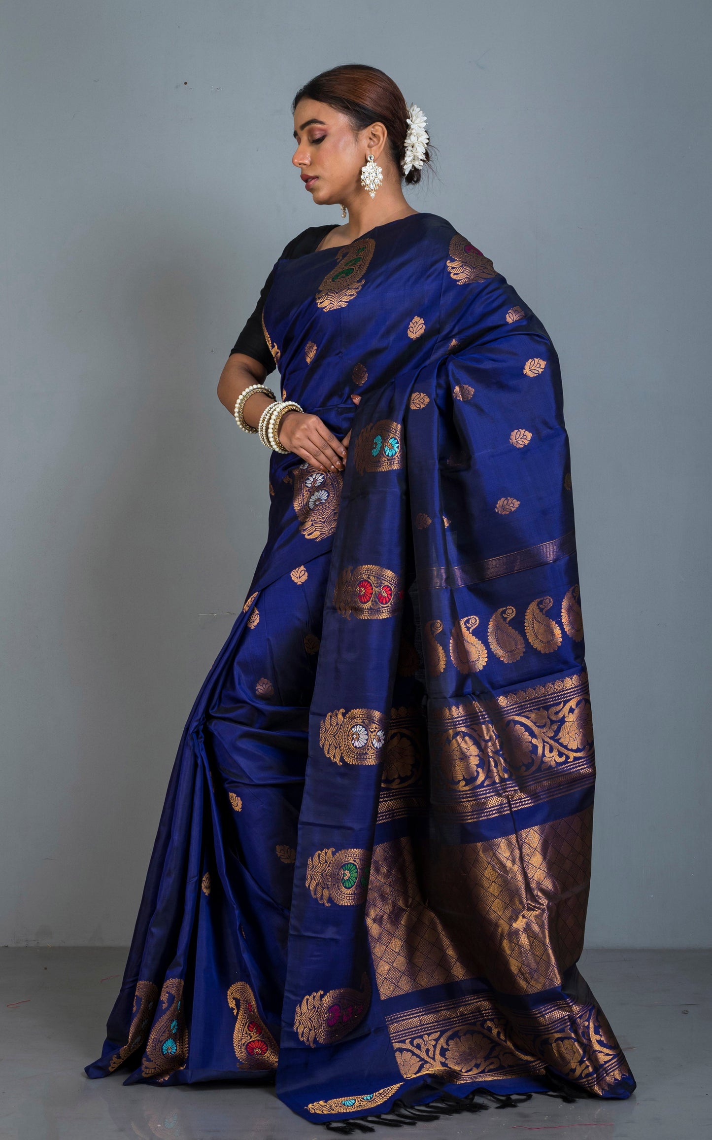 Exclusive Handwoven Paisley Motif Minakari Work Gadwal Silk Saree in Dark Royal Blue, Antique Golden and Multicolored