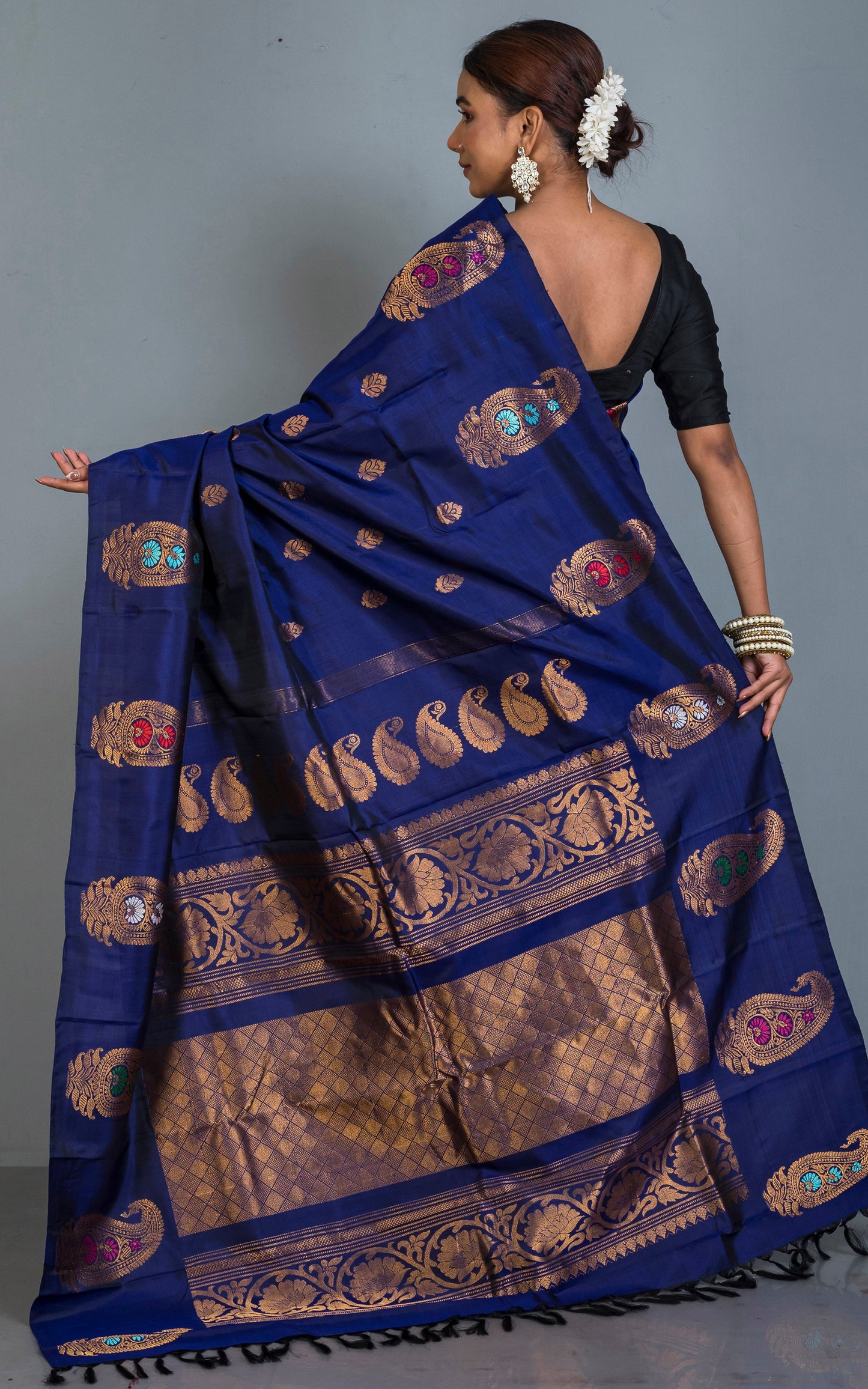 Exclusive Handwoven Paisley Motif Minakari Work Gadwal Silk Saree in Dark Royal Blue, Antique Golden and Multicolored