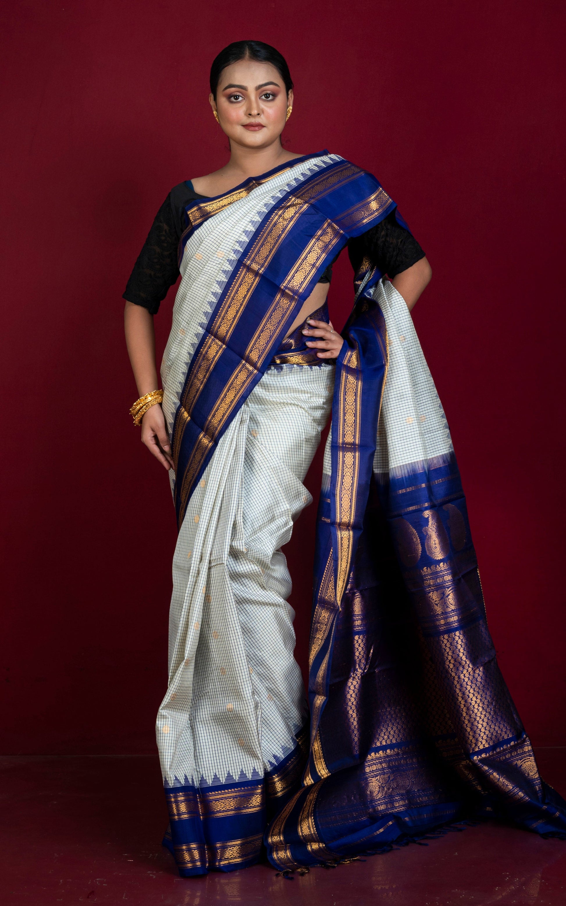 Exclusive Micro Checks Gadwal Silk Saree in Off White, Navy Blue and Golden Zari Work