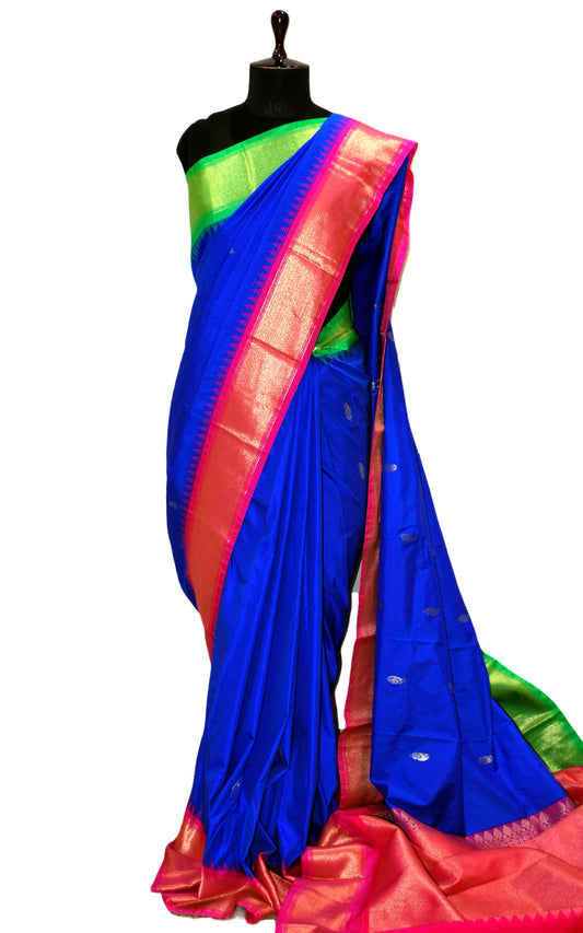 Blended Gadwal Silk Saree in Royal Blue, Hot Pink and Gel Green