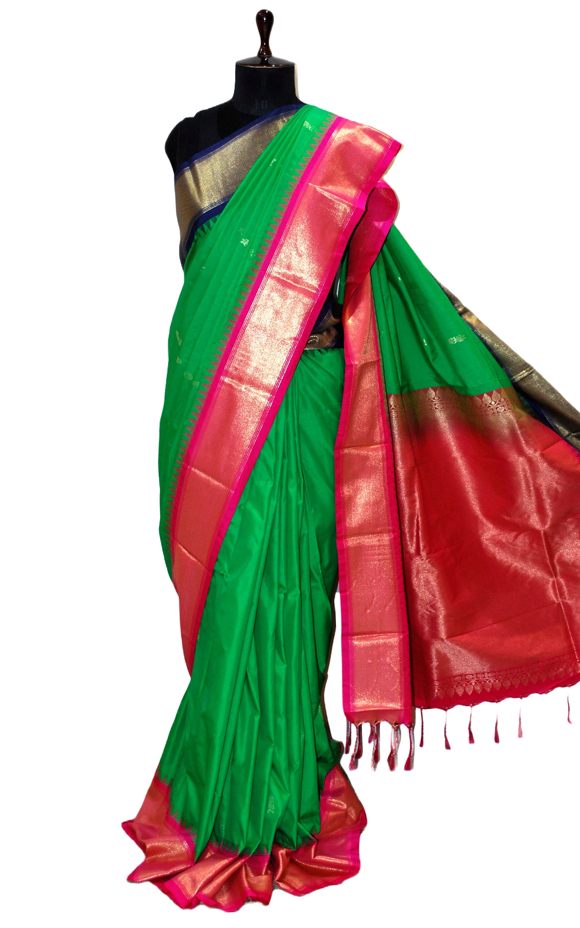 Blended Gadwal Silk Saree in India Green, Dark Blue and Hot Pink