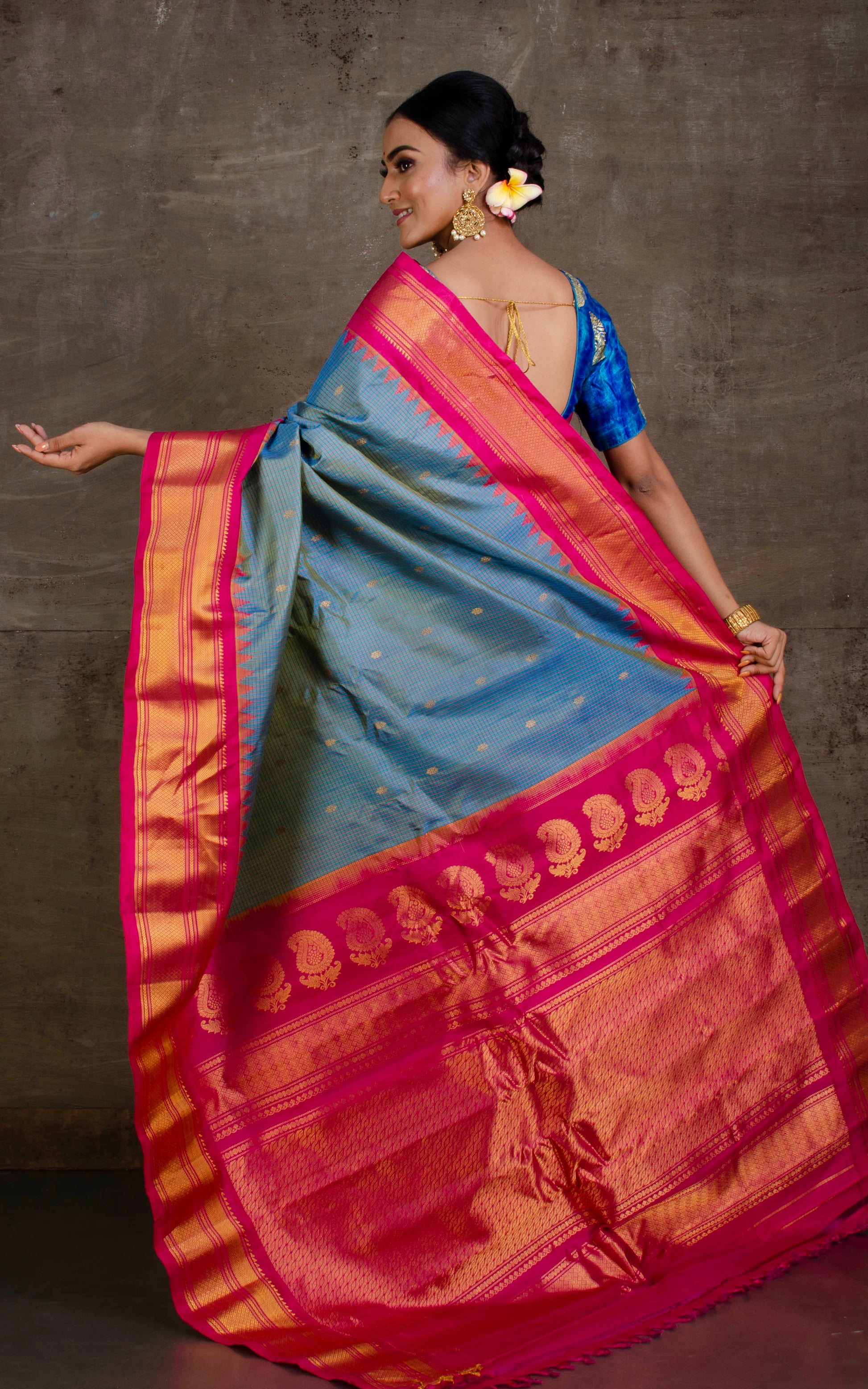 Hand Woven Micro check Premium Gadwal Silk Saree in Pastel Blue and Hot Pink