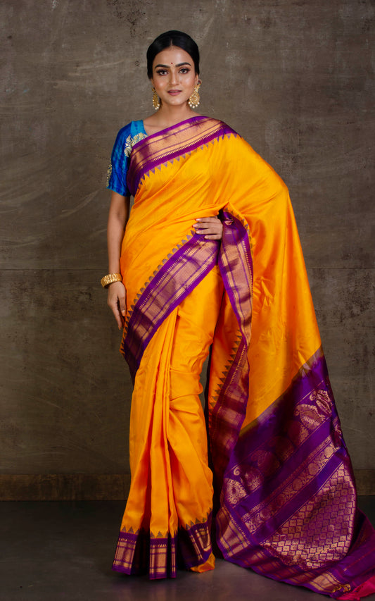 Exclusive Gadwal Silk Saree in Golden Yellow and Purple