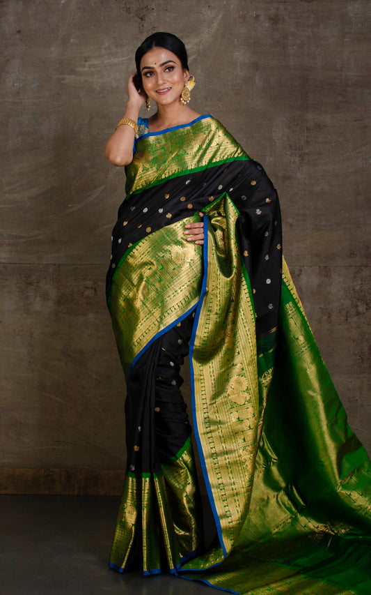 Exclusive Mahapar Nakshi Border Gadwal Silk Saree in Onyx Black, Emerald Green and Golden Zari Work