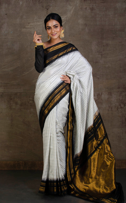 Pure Silk Checks Gadwal Silk Saree in Off White, Smoke Grey and Black