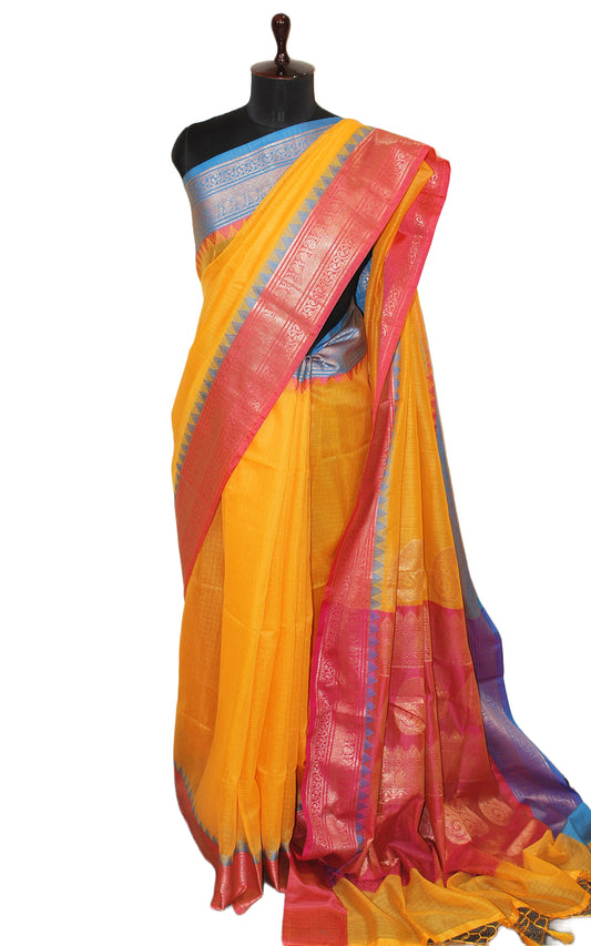 Traditional Ganga Jamuna Border Cotton Kota Checks Gadwal Saree with Rich Pallu in Bright Yellow , Hot Pink and Blue