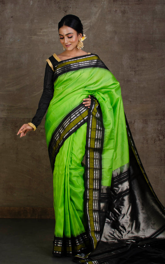 Pure Silk Gadwal Silk Saree in Chartreuse Green, Olive Green, Black and Silver Zari Work