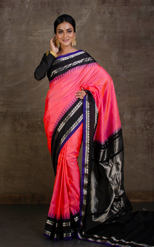 Pure Silk Gadwal Silk Saree in Rose Pink, Black and Dark Blue