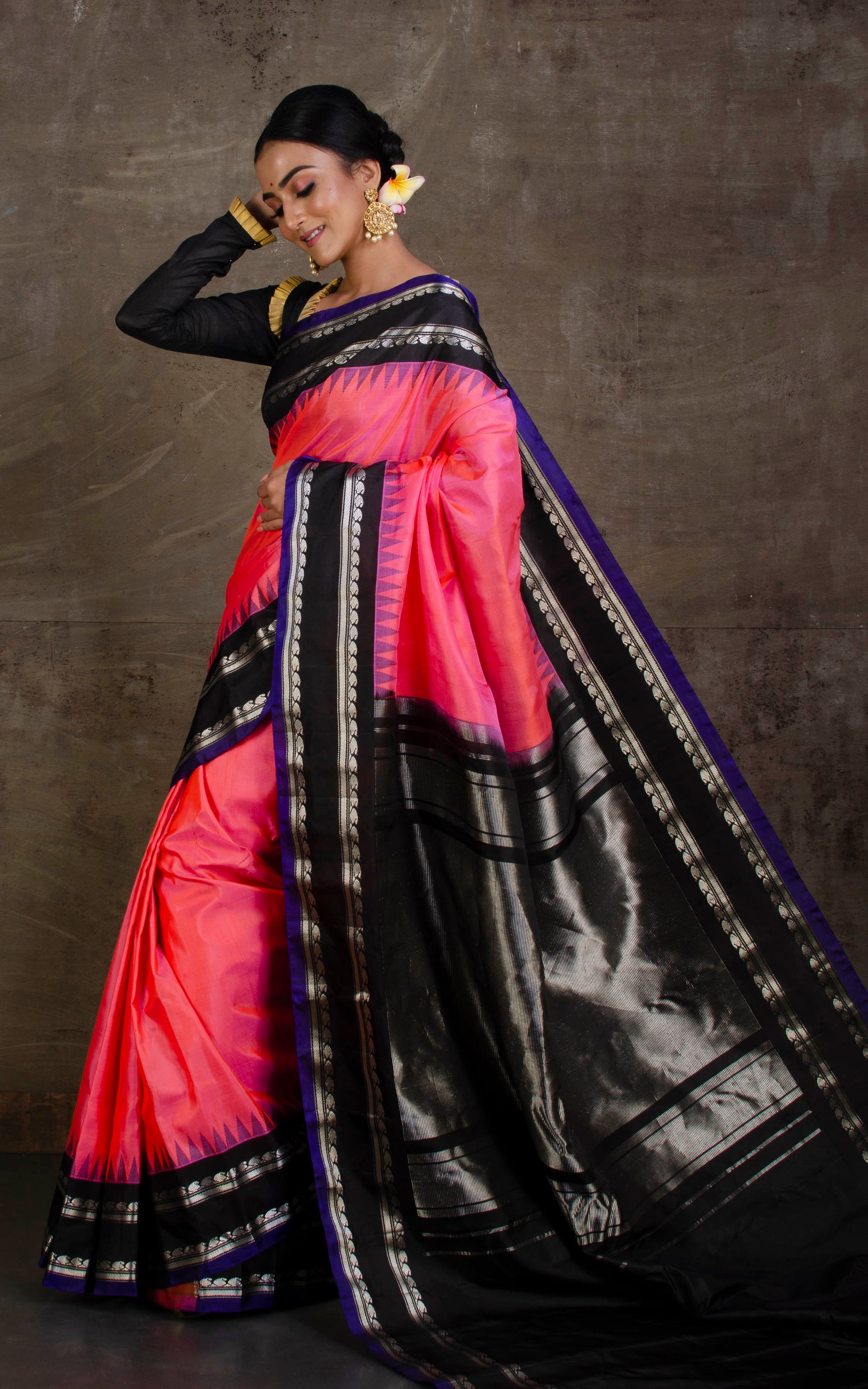 Pure Silk Gadwal Silk Saree in Rose Pink, Black and Dark Blue