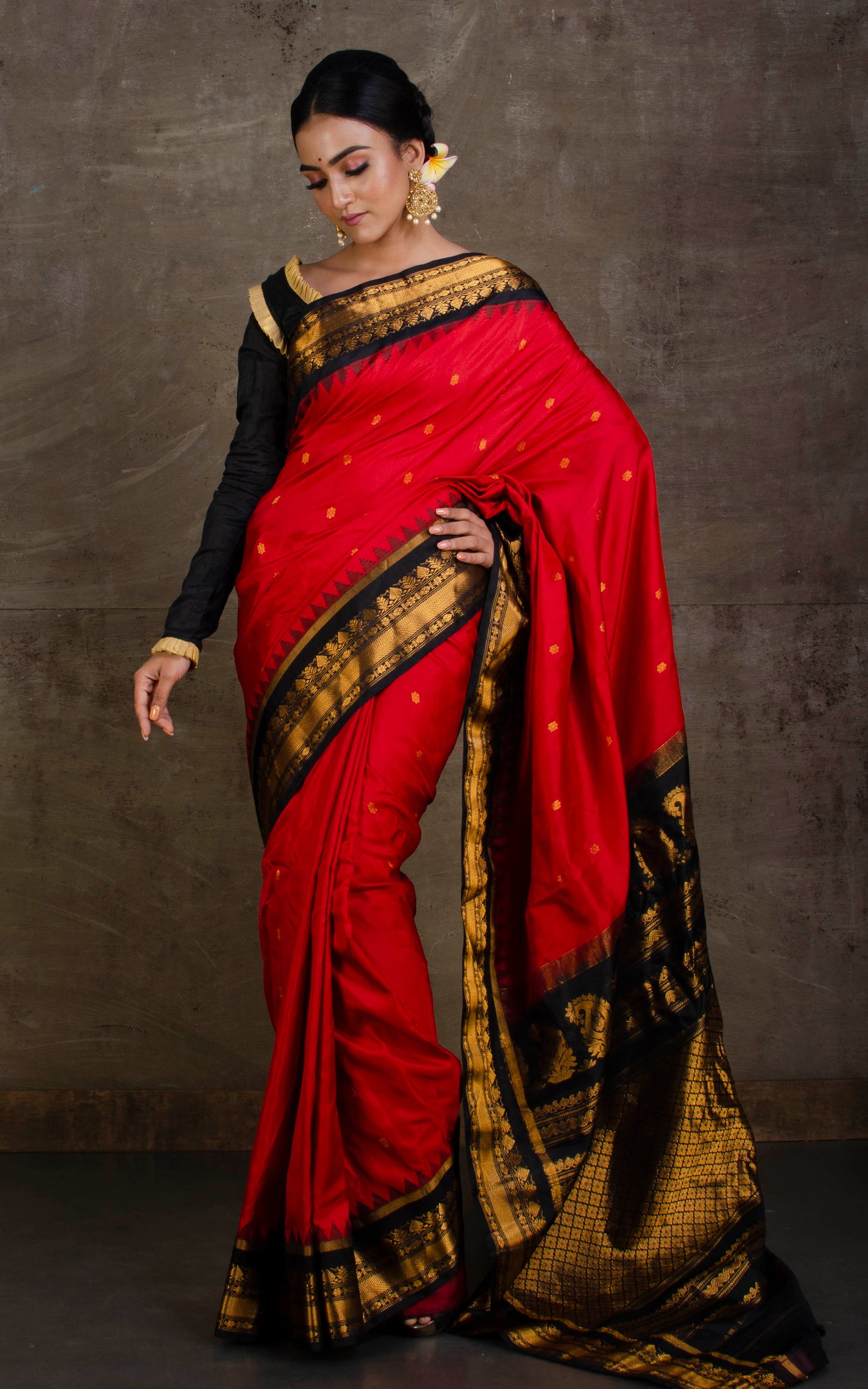 Exclusive Gadwal Silk Saree in Crimson Red, Black and Golden Zari Work