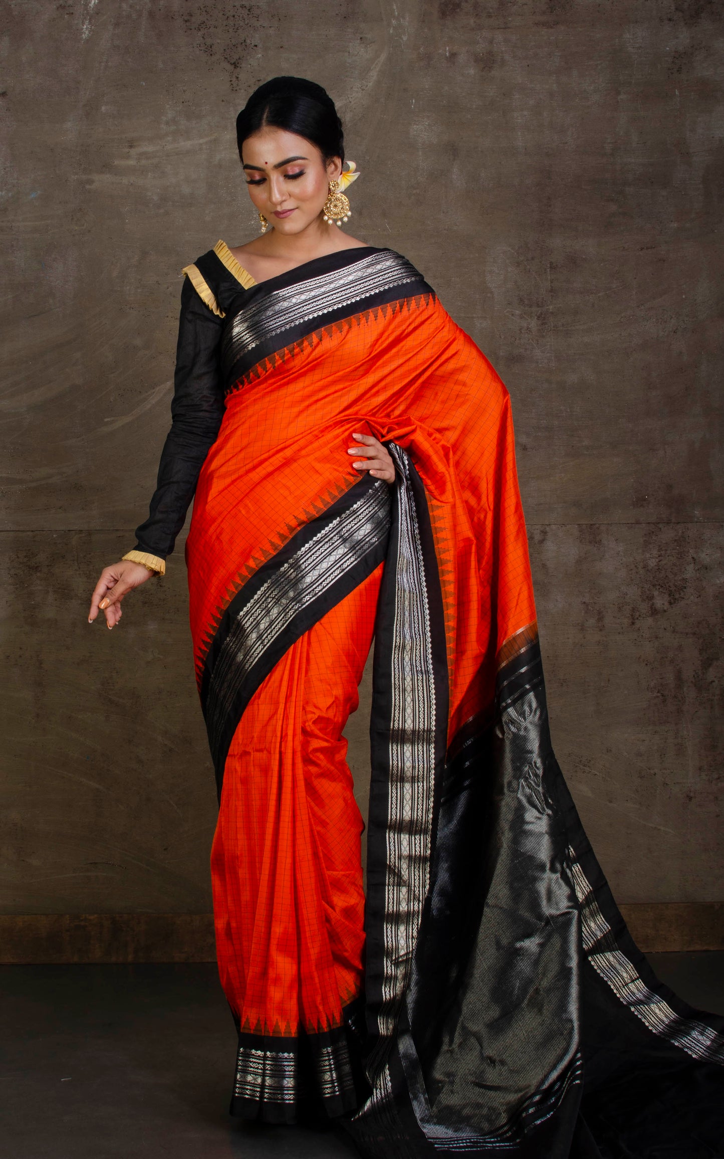 Pure Silk Checks Gadwal Silk Saree in Natural Orange, Black and Silver Zari Work