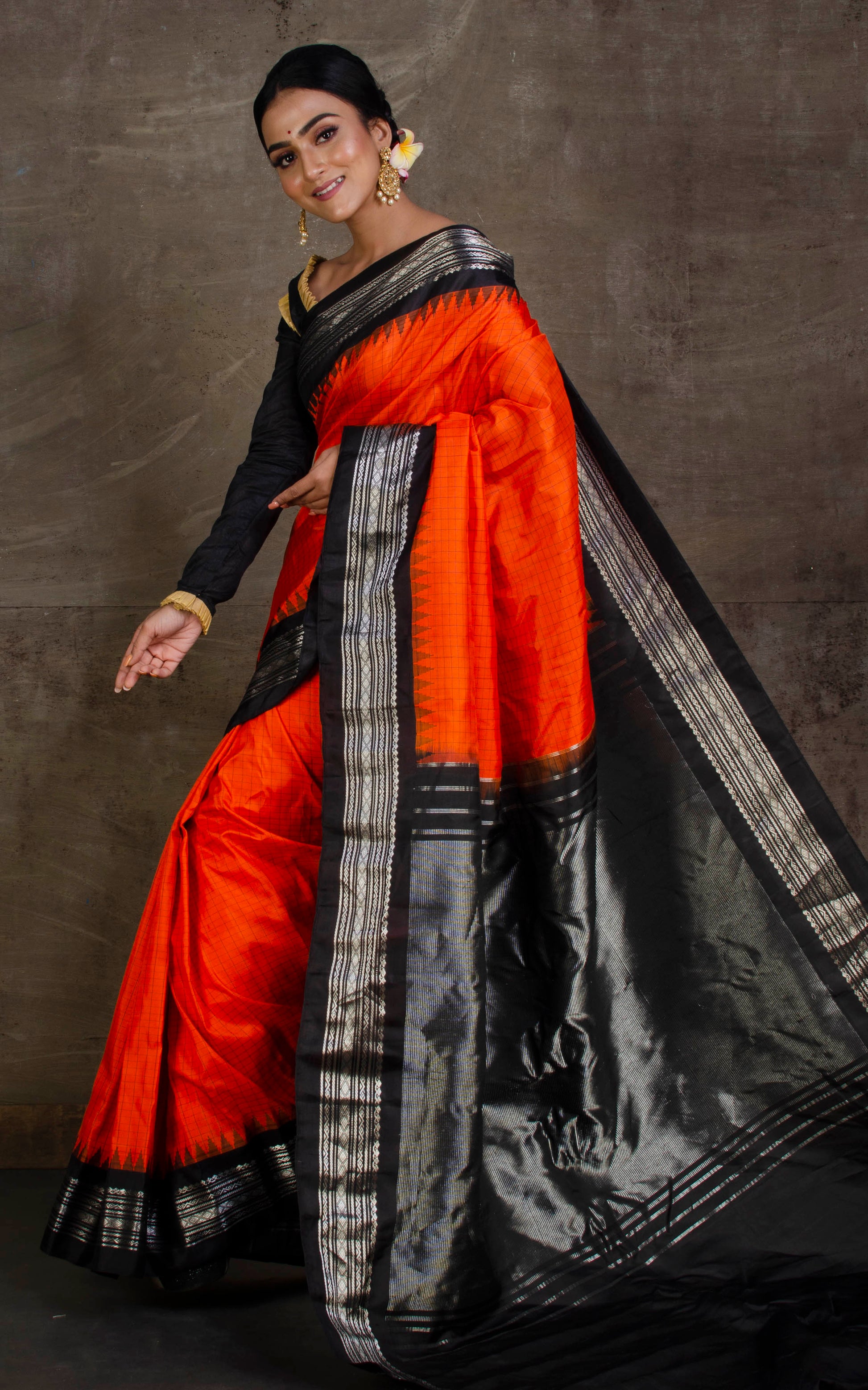 Pure Silk Checks Gadwal Silk Saree in Natural Orange, Black and Silver Zari Work