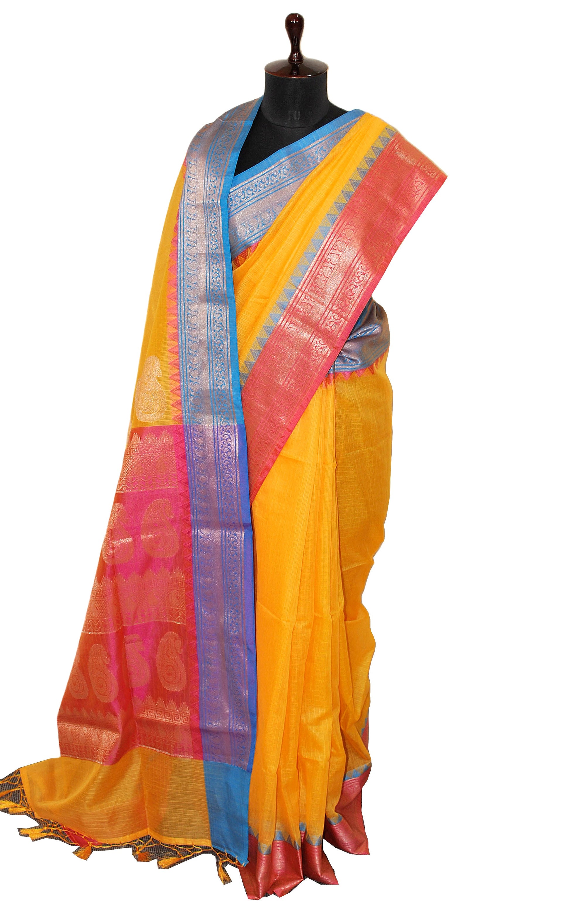 Traditional Ganga Jamuna Border Cotton Kota Checks Gadwal Saree with Rich Pallu in Bright Yellow , Hot Pink and Blue