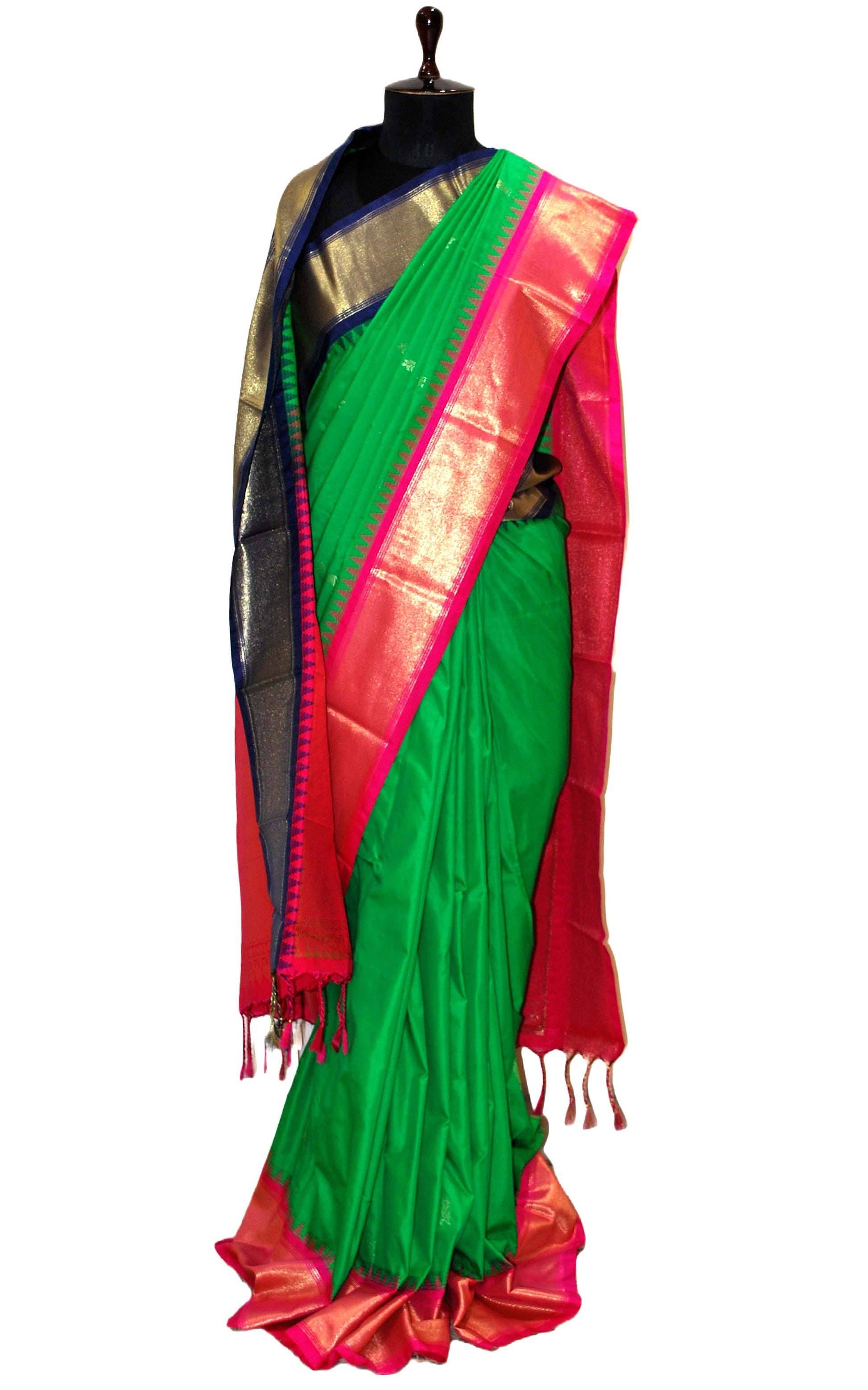 Blended Gadwal Silk Saree in India Green, Dark Blue and Hot Pink